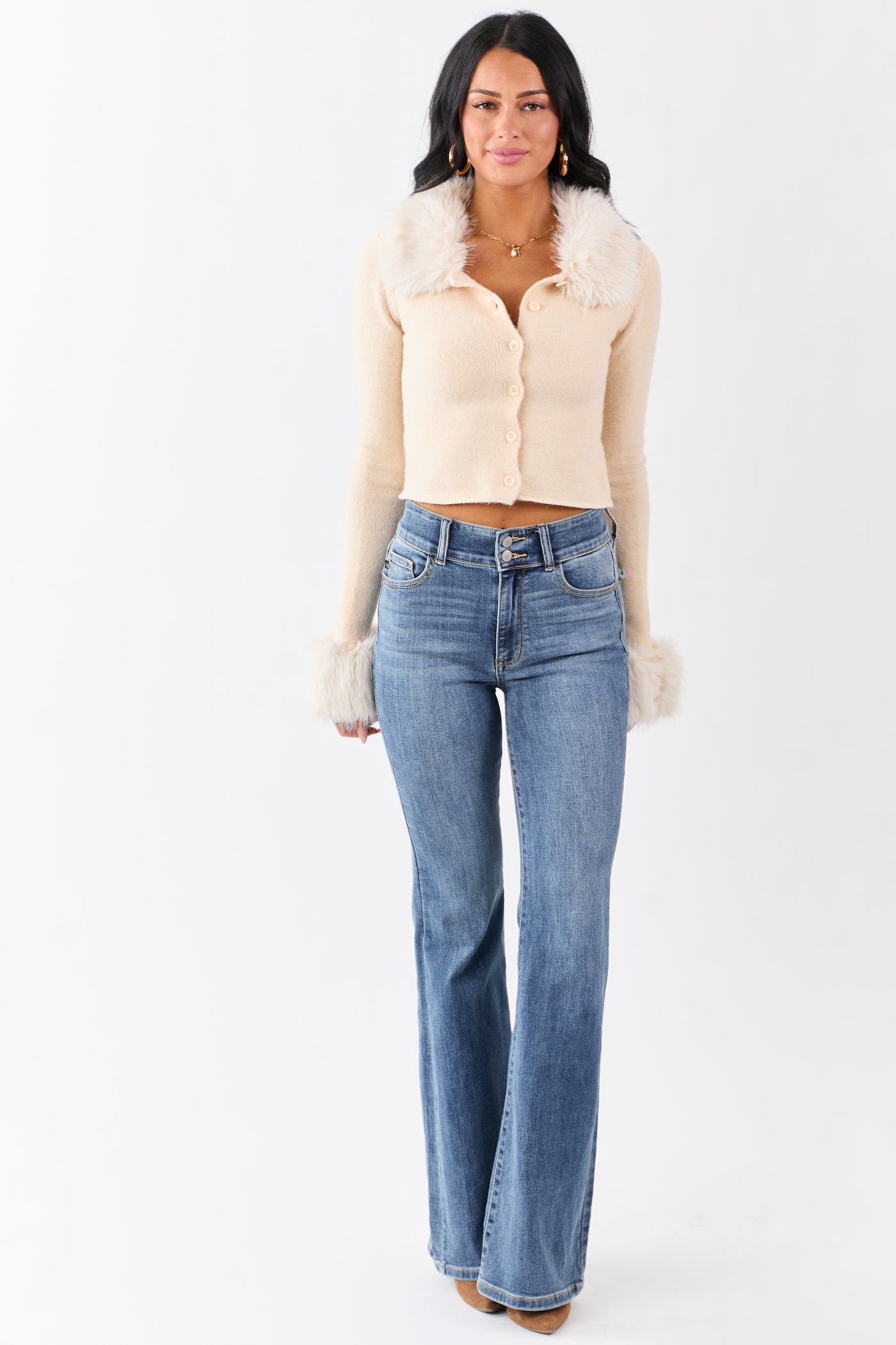 Champagne Faux Fur Trim Cropped Button Up Cardigan