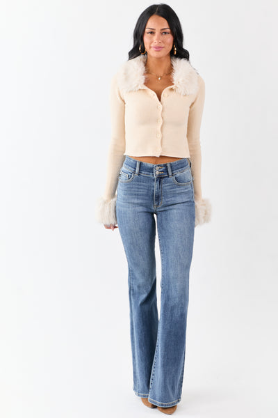 Champagne Faux Fur Trim Cropped Button Up Cardigan