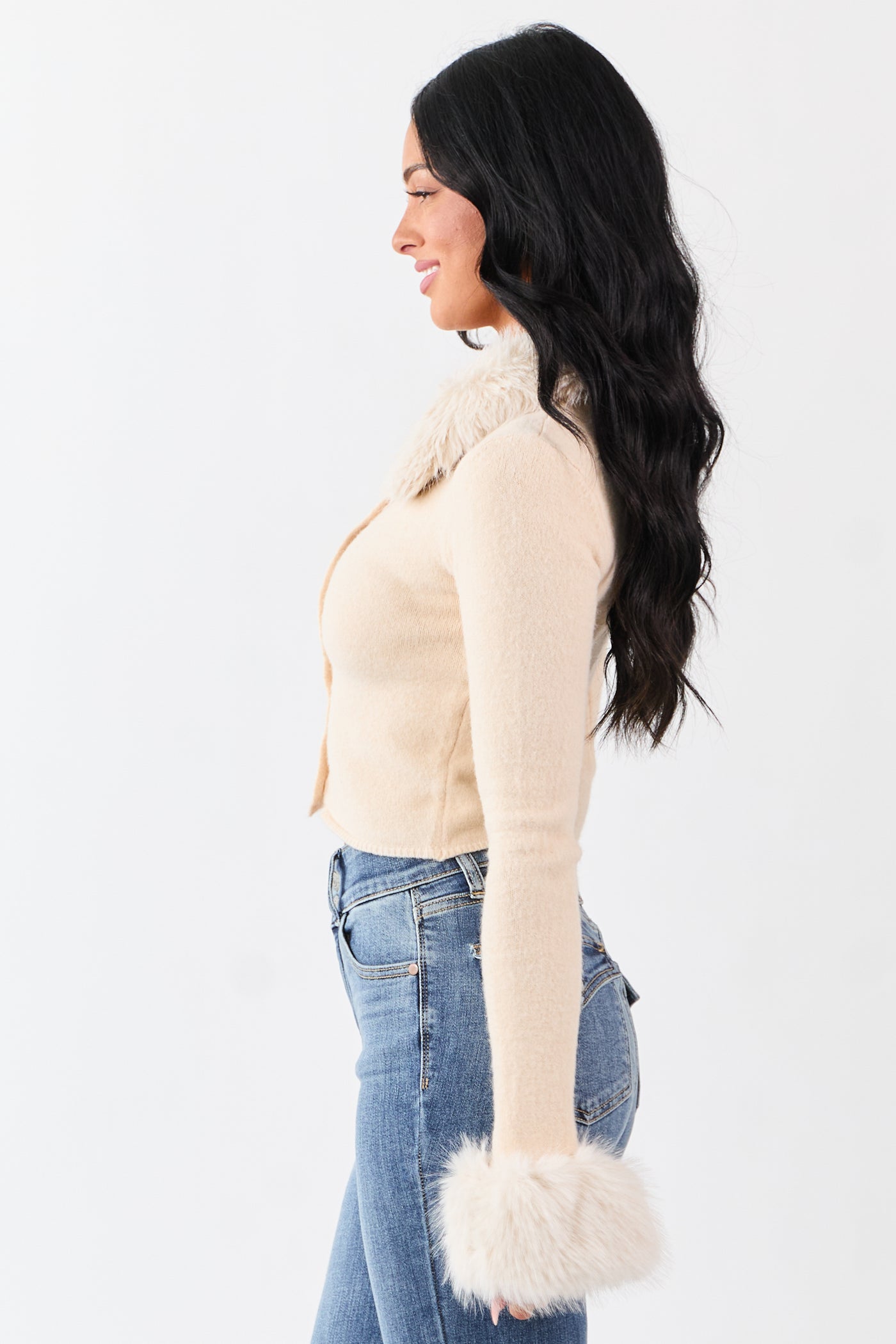 Champagne Faux Fur Trim Cropped Button Up Cardigan