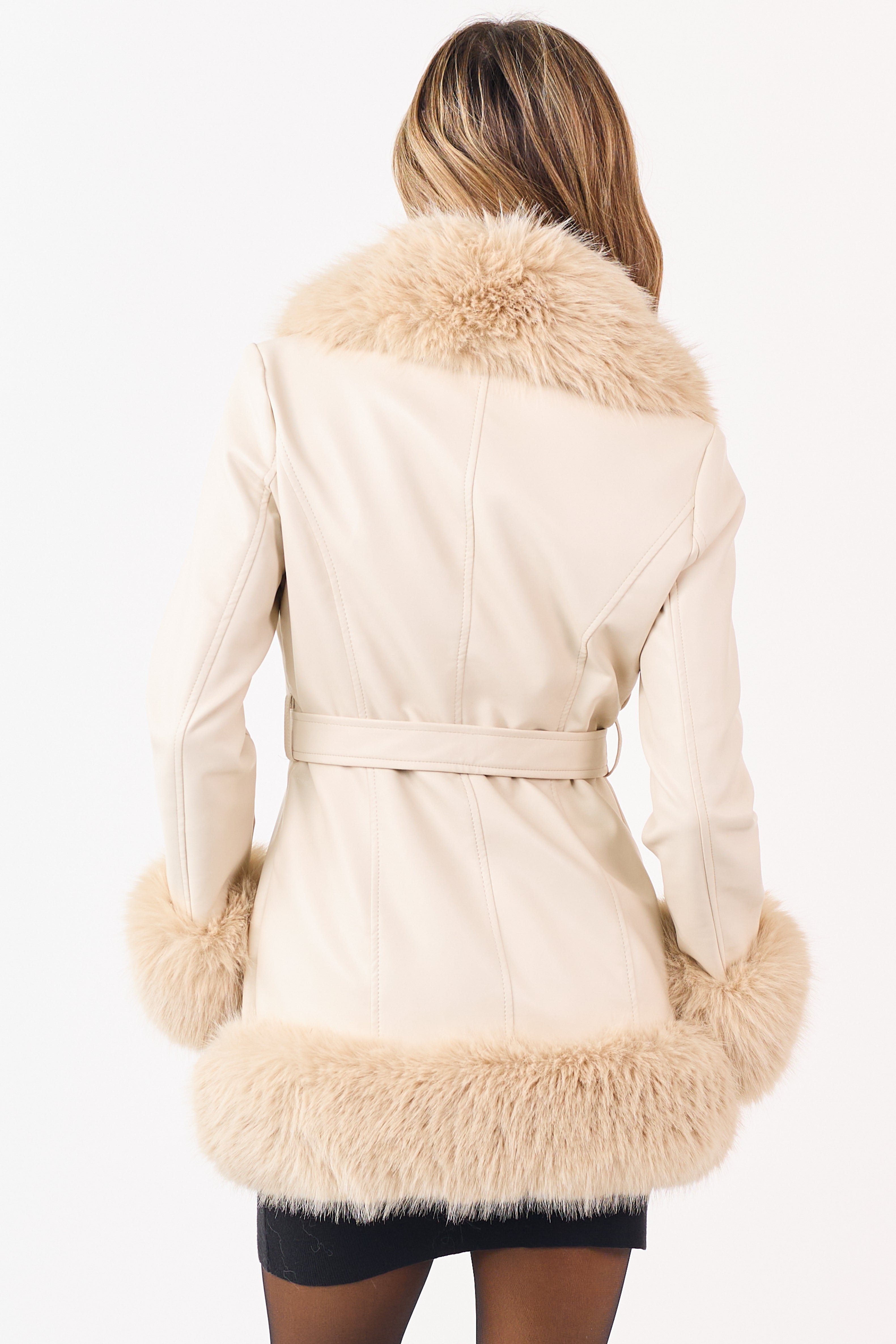 Champagne Faux Leather Fur Trim Long Coat