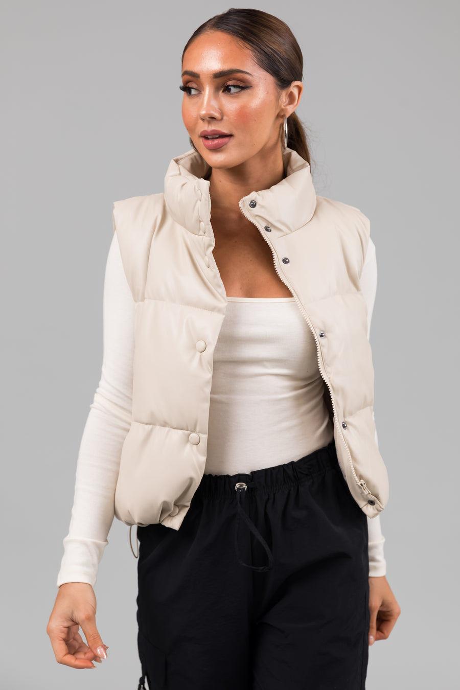 Champagne Faux Leather High Neck Puffer Vest