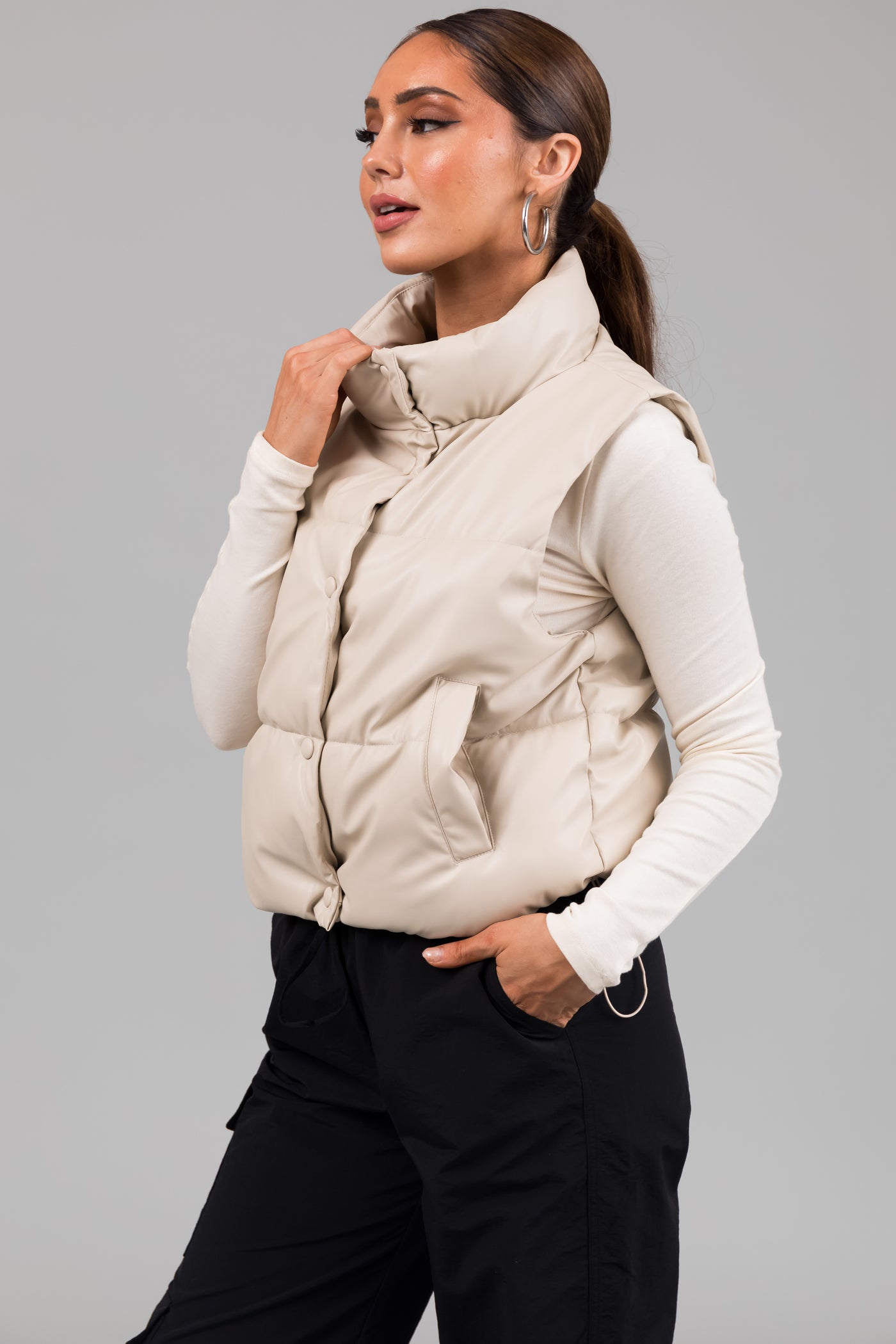 Champagne Faux Leather High Neck Puffer Vest