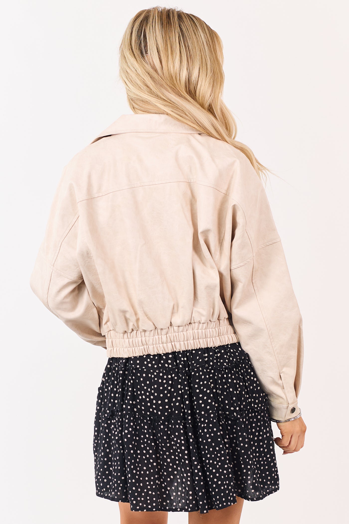 Champagne Faux Leather Strap Closure Collared Jacket