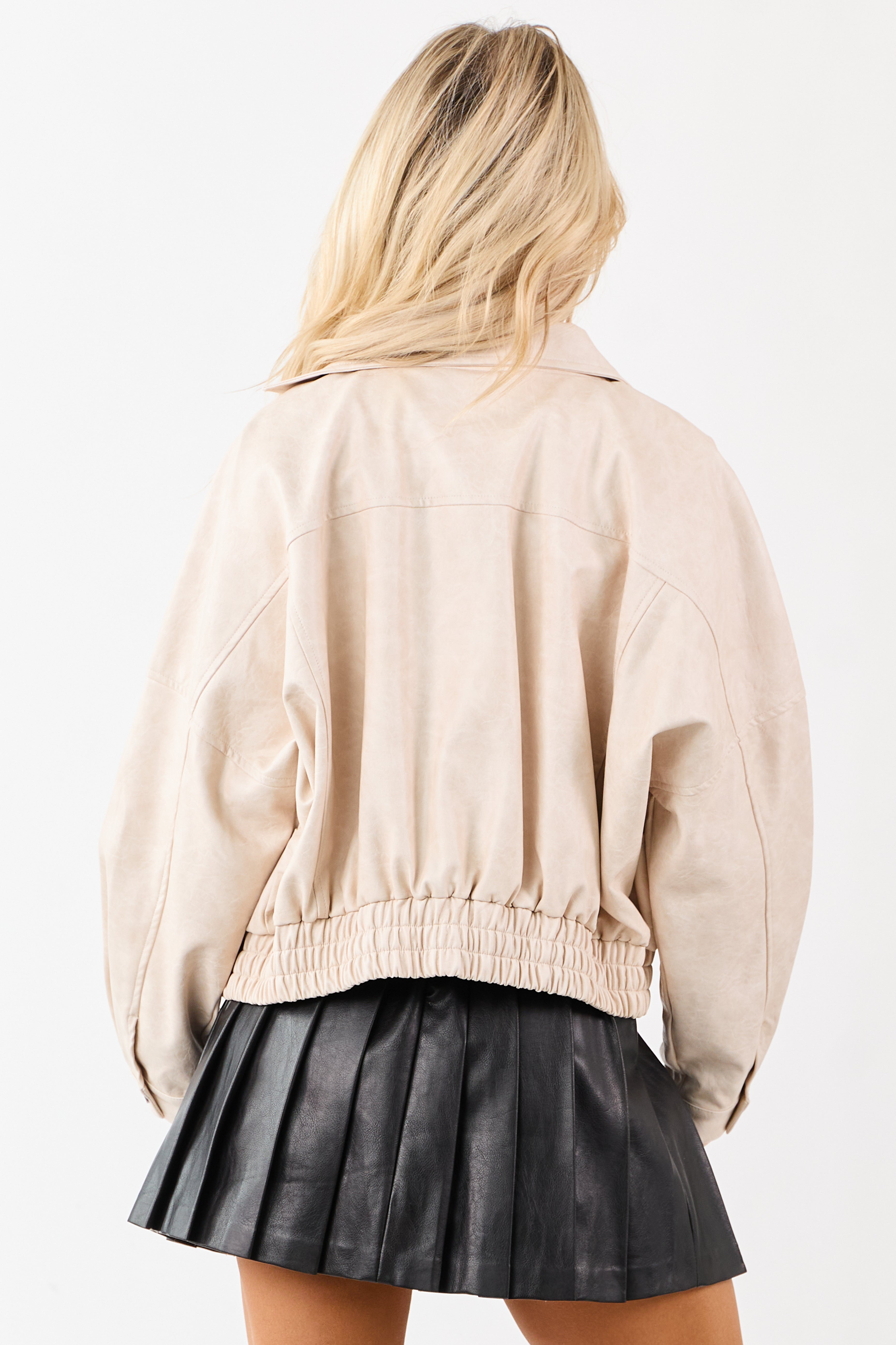 Champagne Faux Leather Strap Closure Collared Jacket