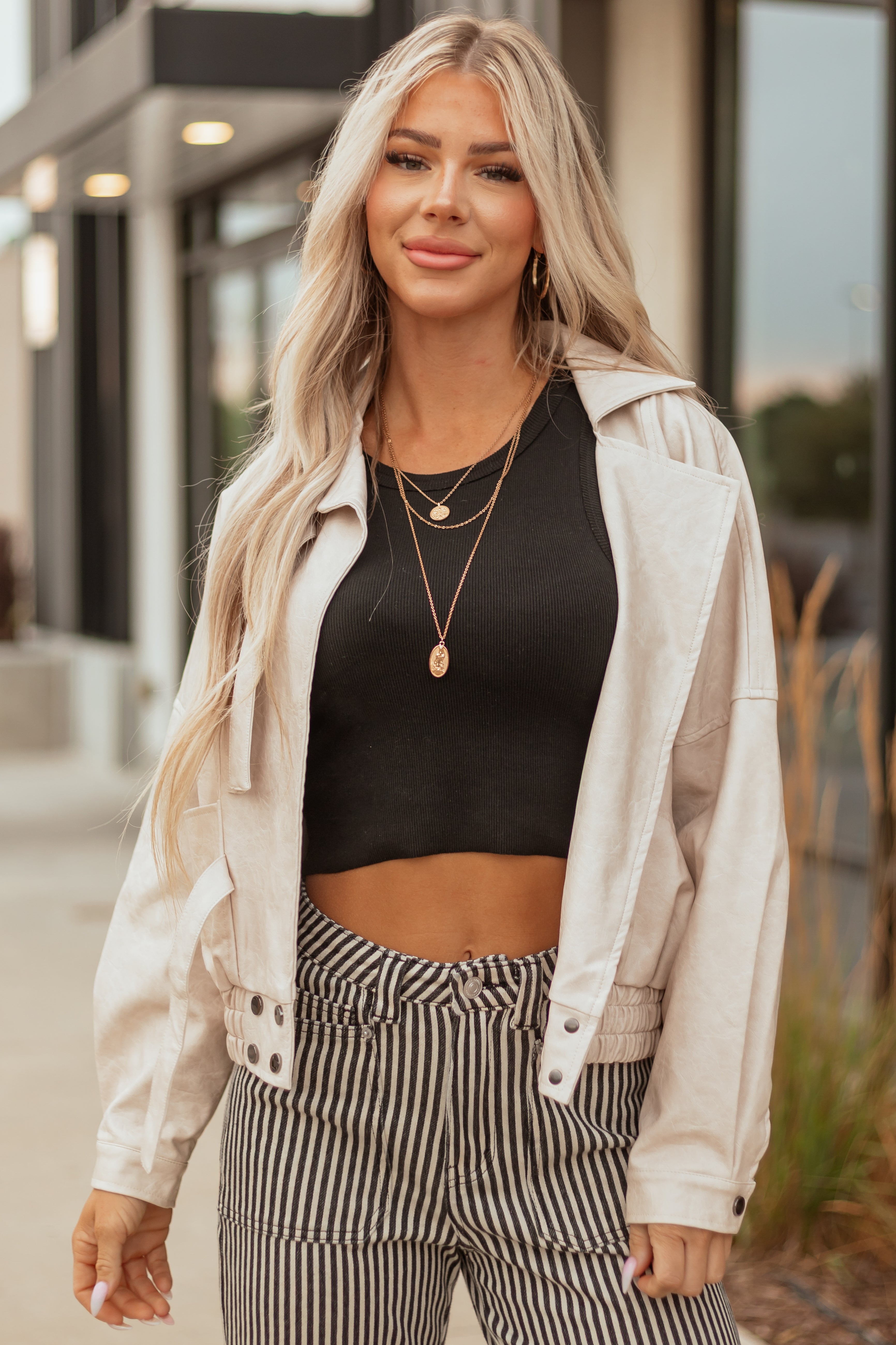 Champagne Faux Leather Strap Closure Collared Jacket