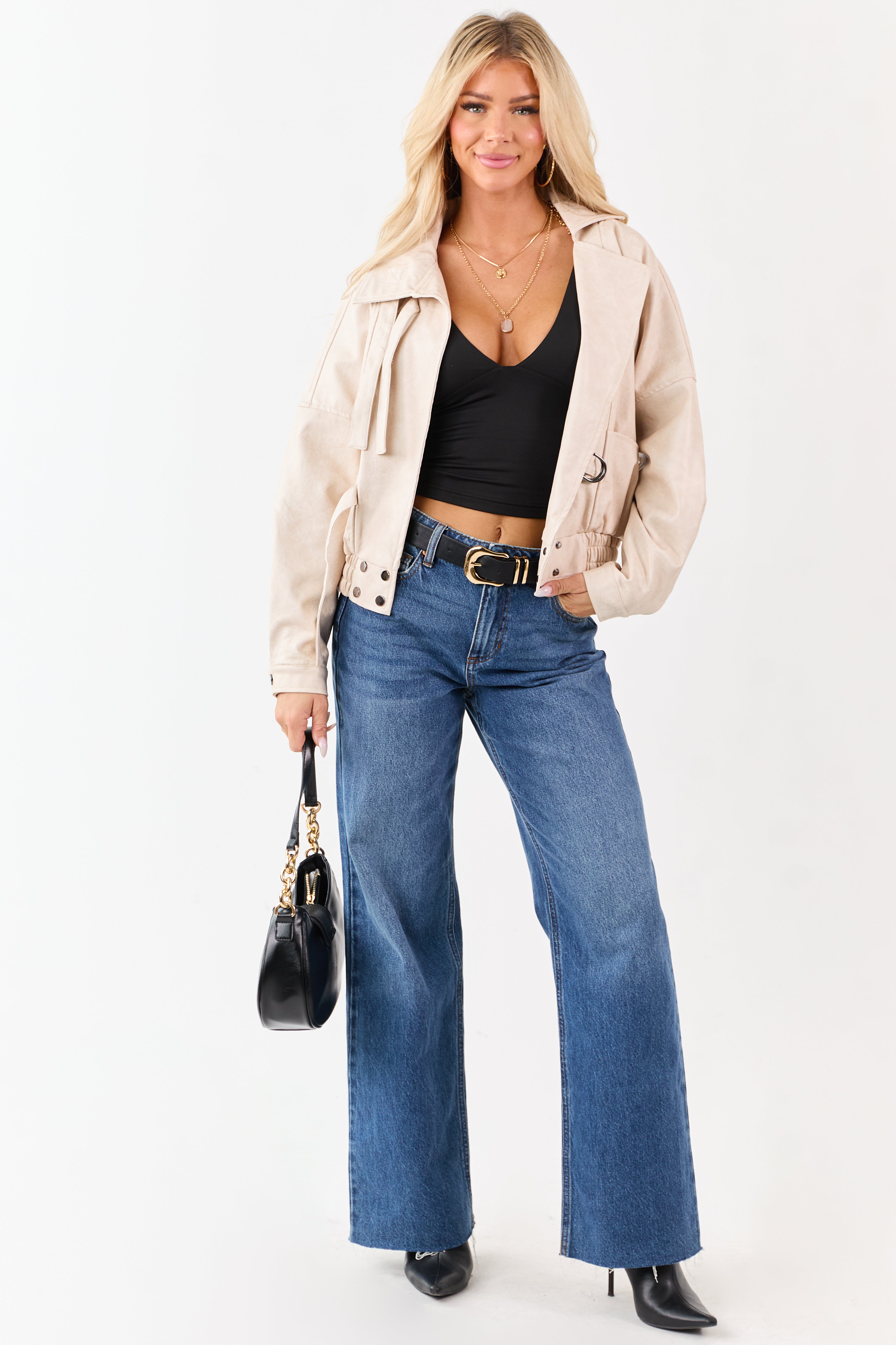 Champagne Faux Leather Strap Closure Collared Jacket