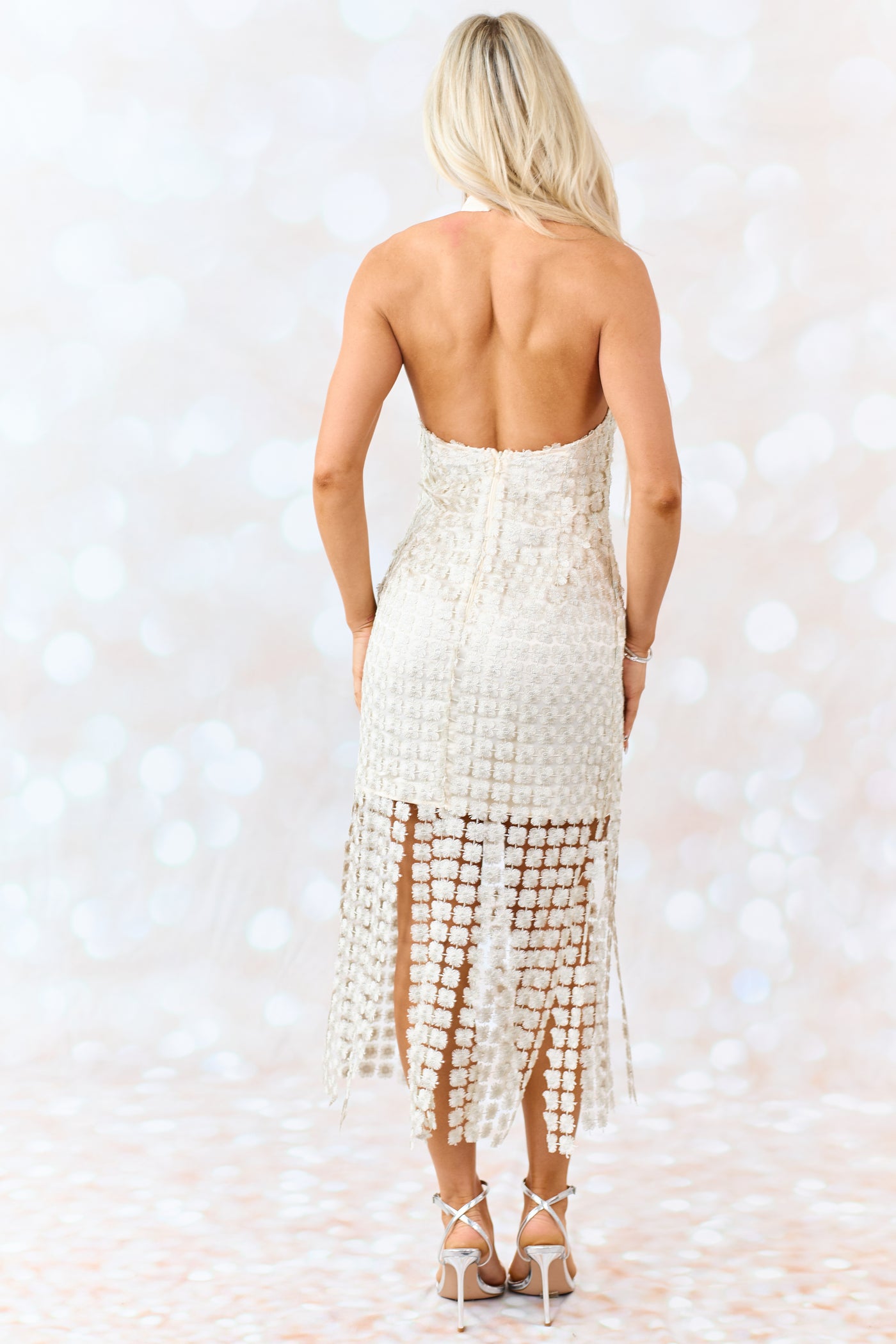 Champagne Floral Crochet Overlay Halter Midi Dress