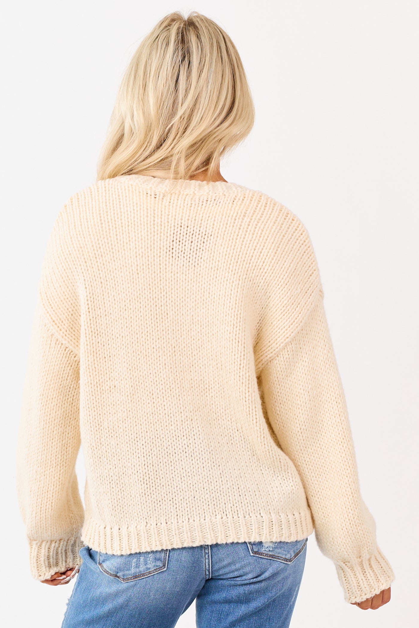 Champagne Floral Embroidery Button Up Knit Cardigan