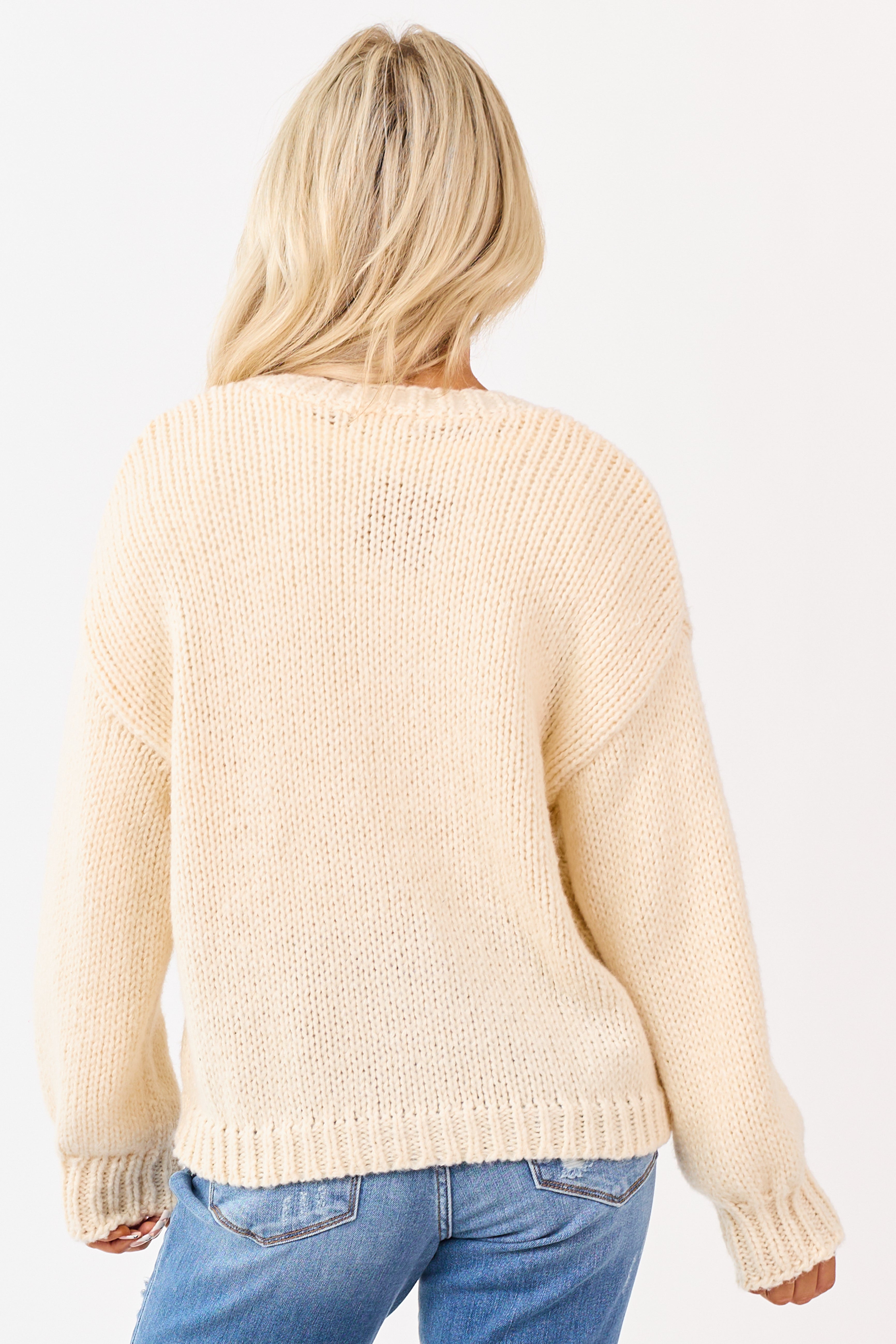 Champagne Floral Embroidery Button Up Knit Cardigan