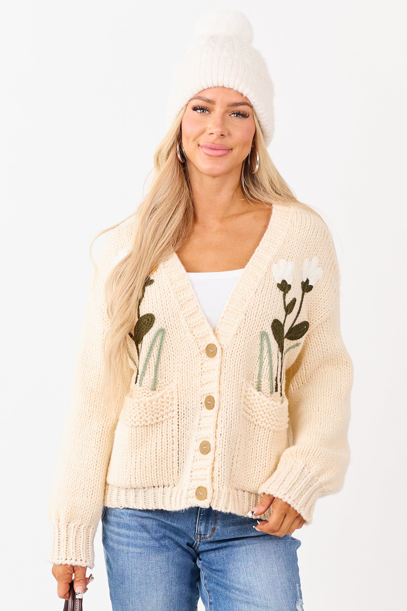 Champagne Floral Embroidery Button Up Knit Cardigan