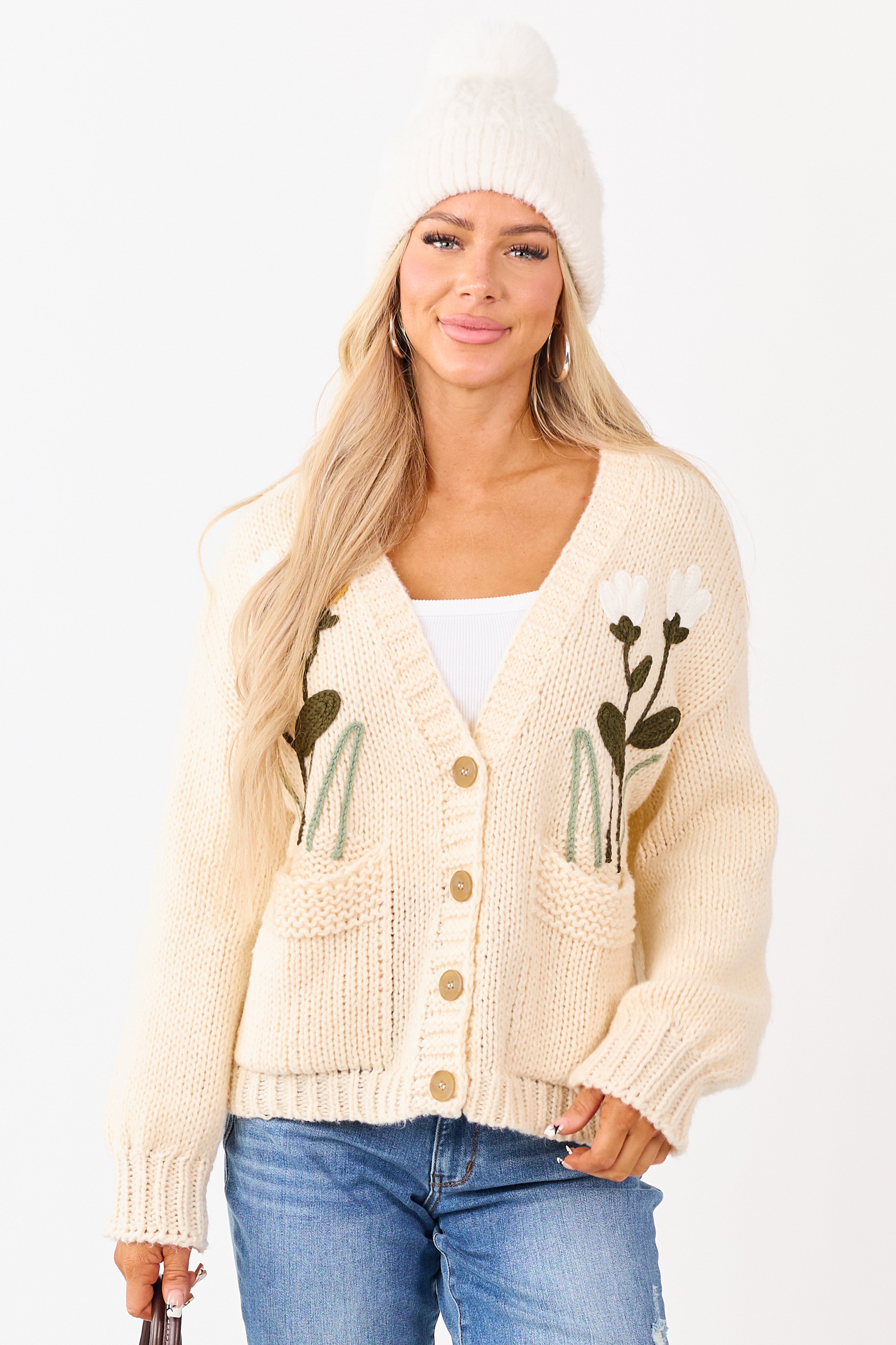 Champagne Floral Embroidery Button Up Knit Cardigan