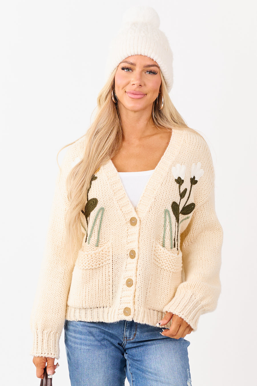 Champagne Floral Embroidery Button Up Knit Cardigan