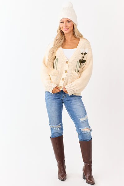 Champagne Floral Embroidery Button Up Knit Cardigan
