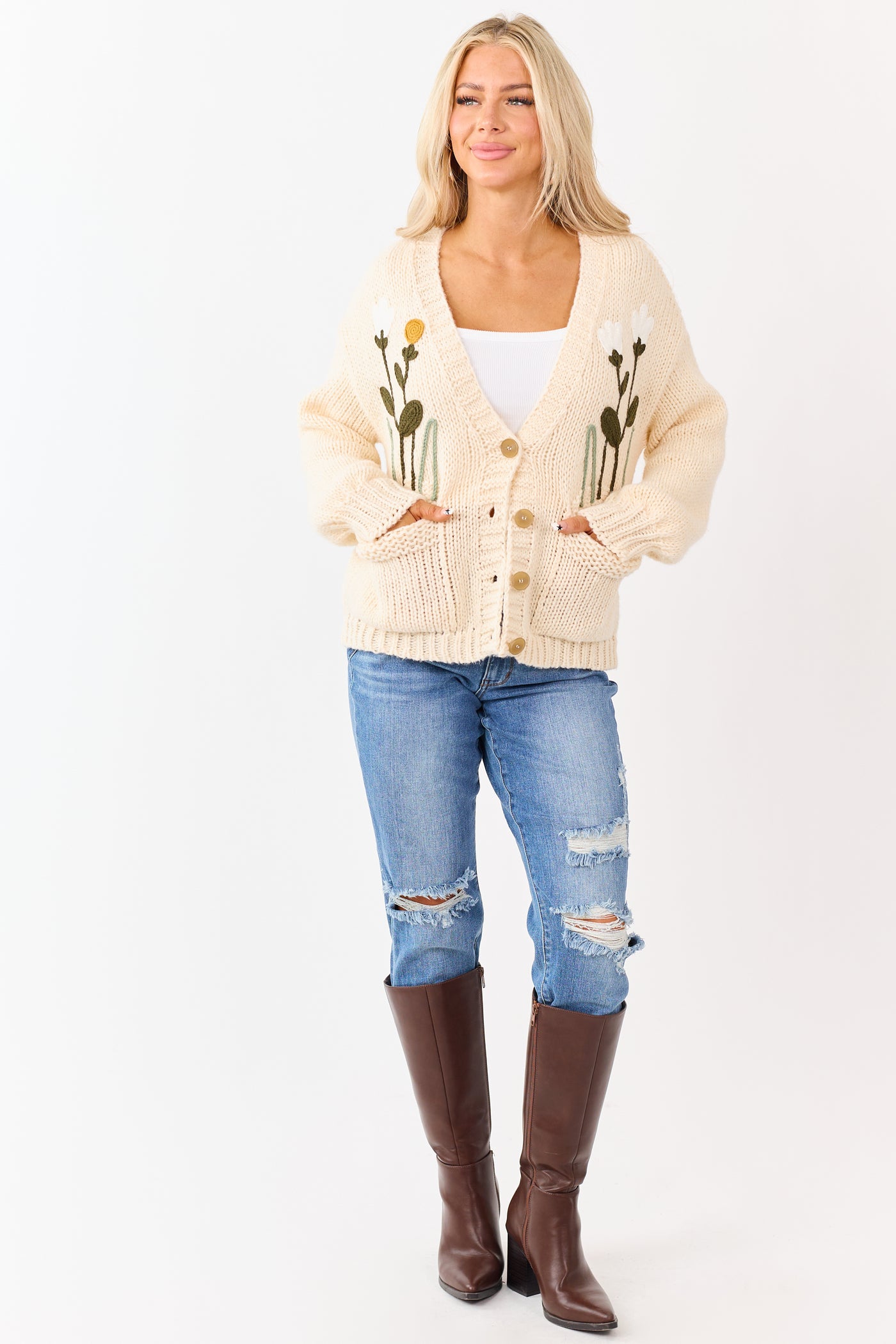Champagne Floral Embroidery Button Up Knit Cardigan