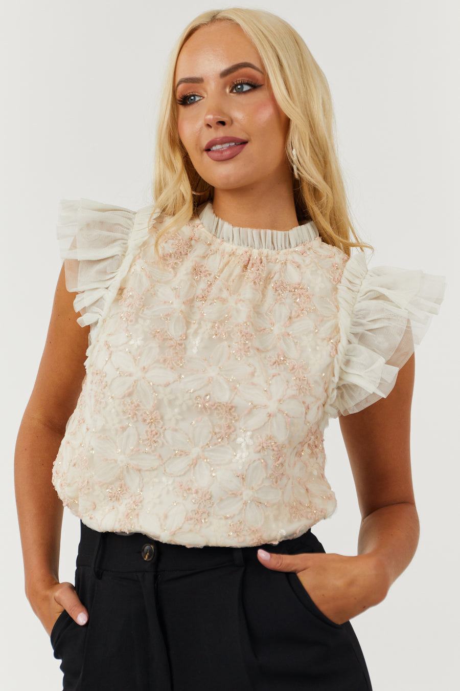 Champagne Floral Lace Flutter Sleeve Top