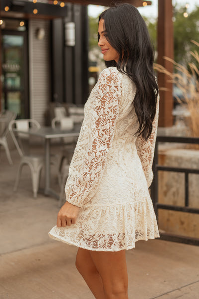 Champagne Floral Lace Long Sleeve Ruffle Hem Mini Dress