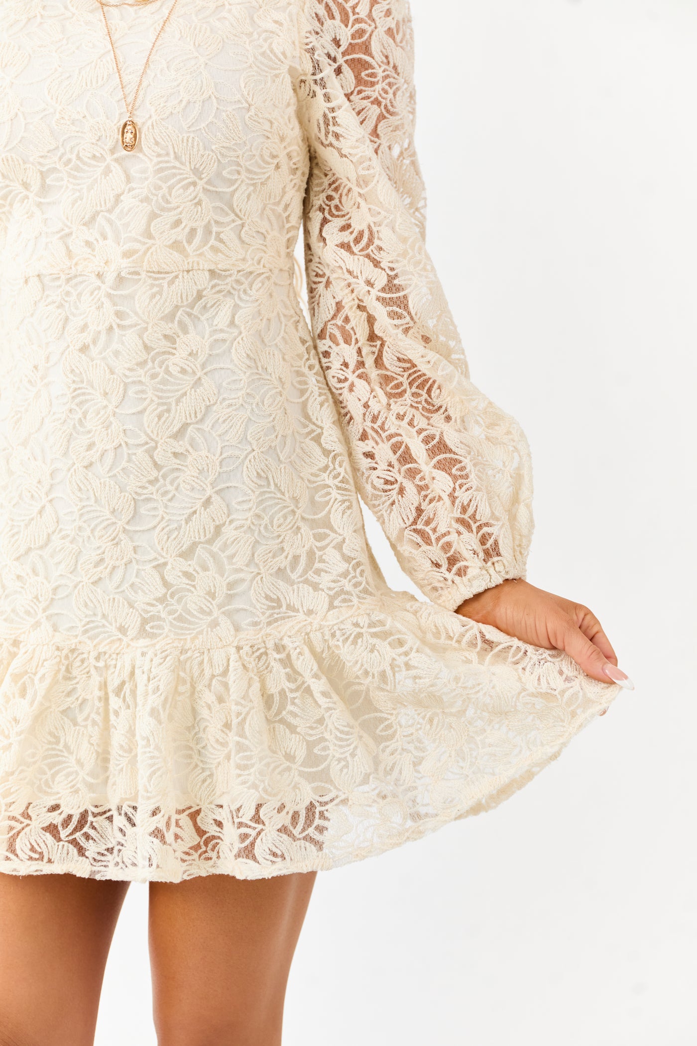 Champagne Floral Lace Long Sleeve Ruffle Hem Mini Dress