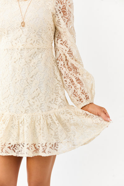 Champagne Floral Lace Long Sleeve Ruffle Hem Mini Dress
