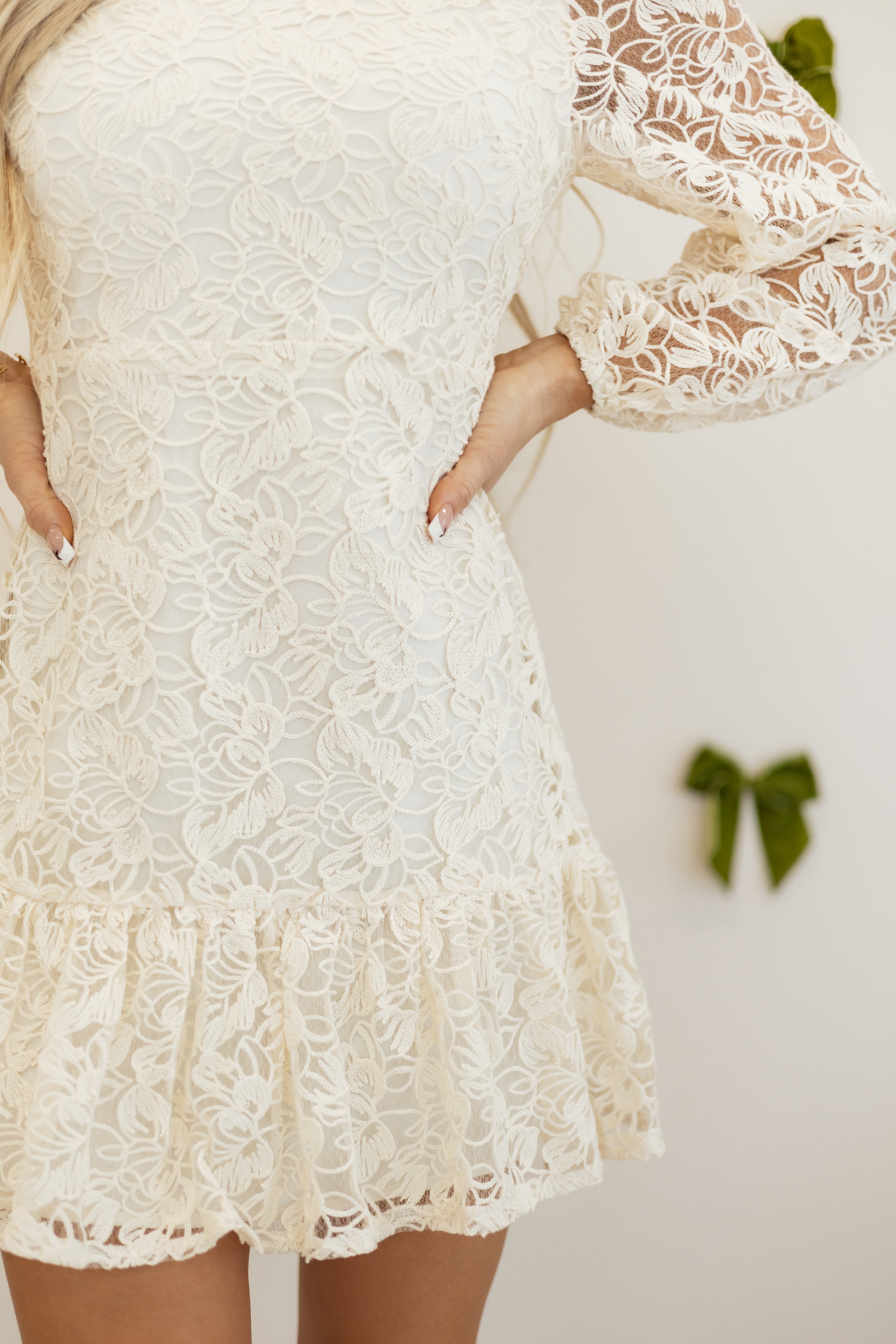 Champagne Floral Lace Long Sleeve Ruffle Hem Mini Dress