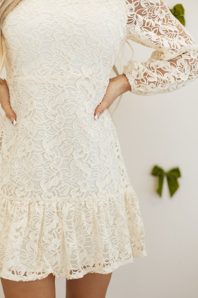 Champagne Floral Lace Long Sleeve Ruffle Hem Mini Dress