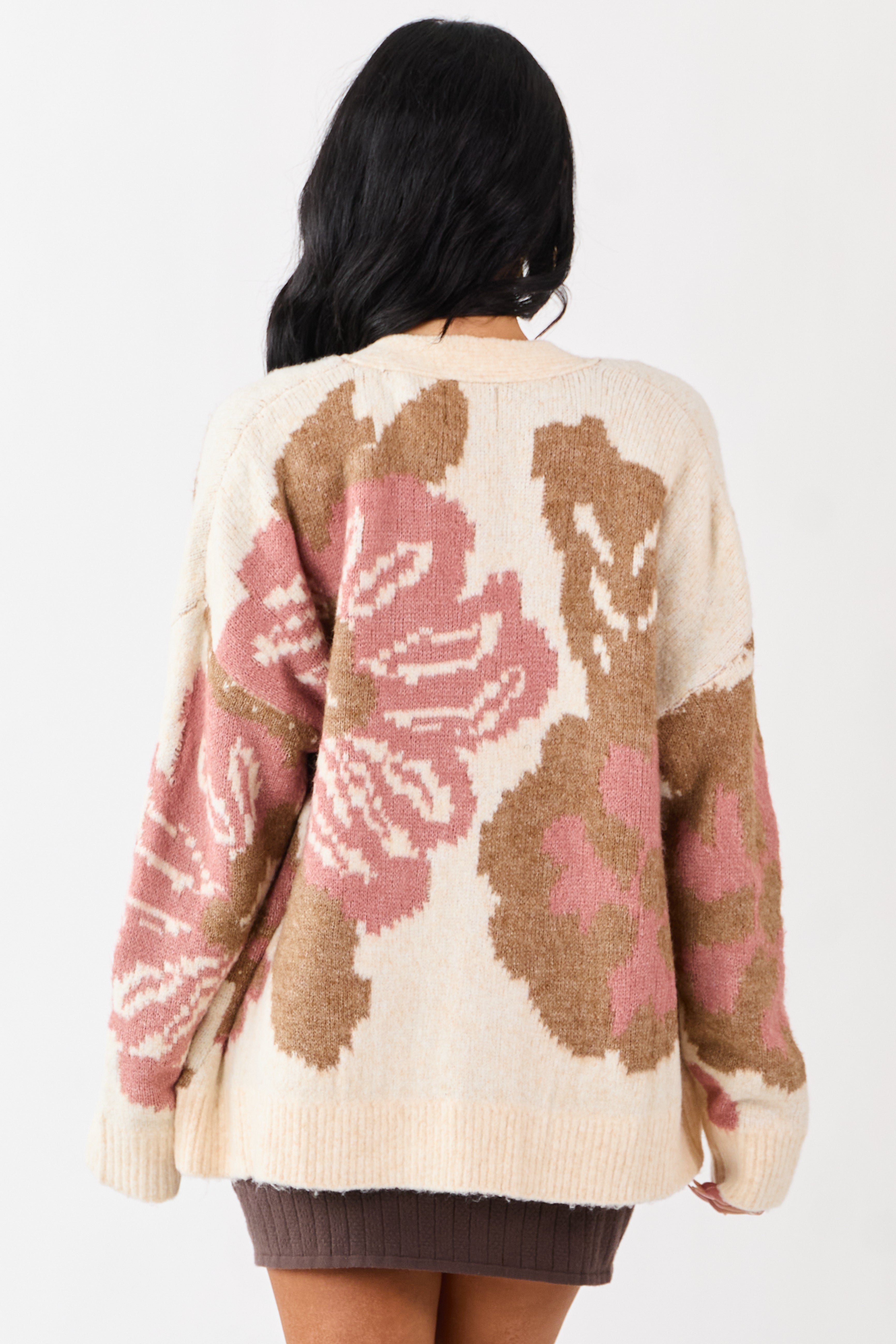 Champagne Floral Pattern Button Down Cardigan