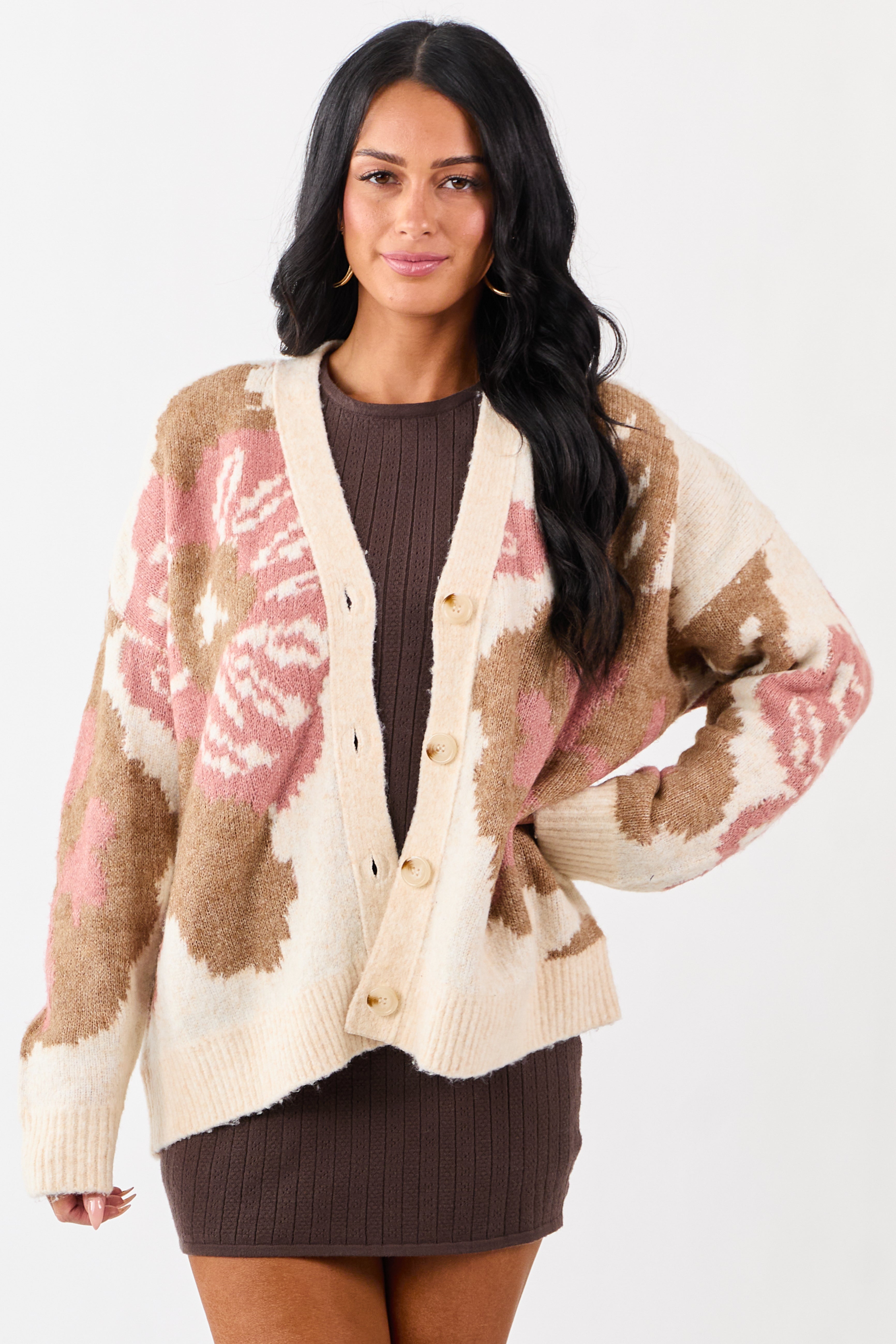 Champagne Floral Pattern Button Down Cardigan