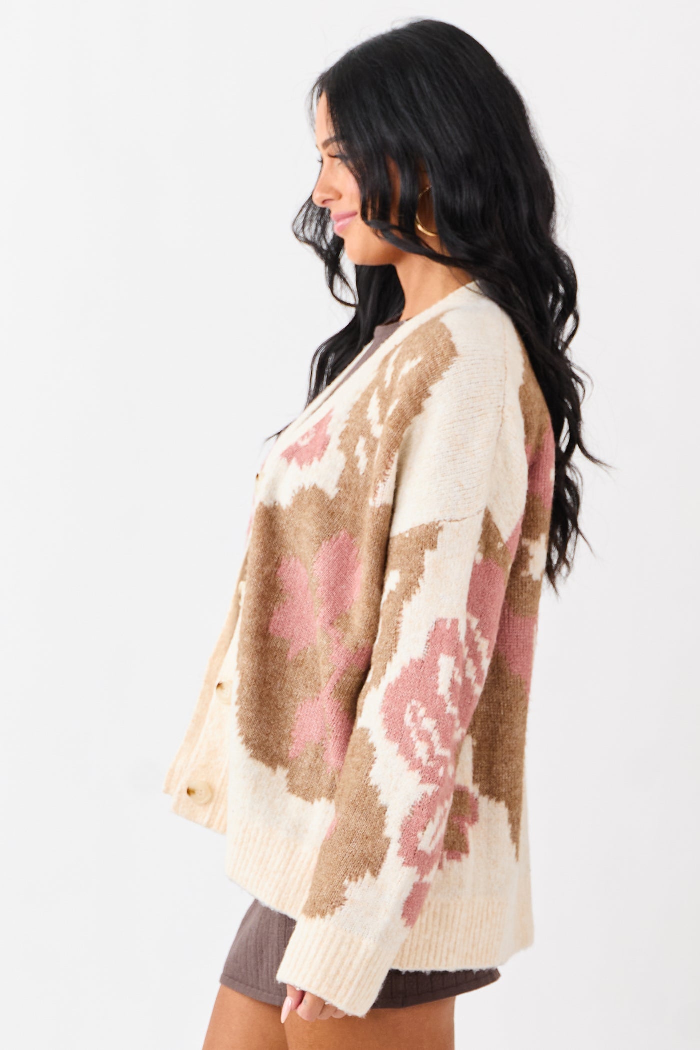 Champagne Floral Pattern Button Down Cardigan