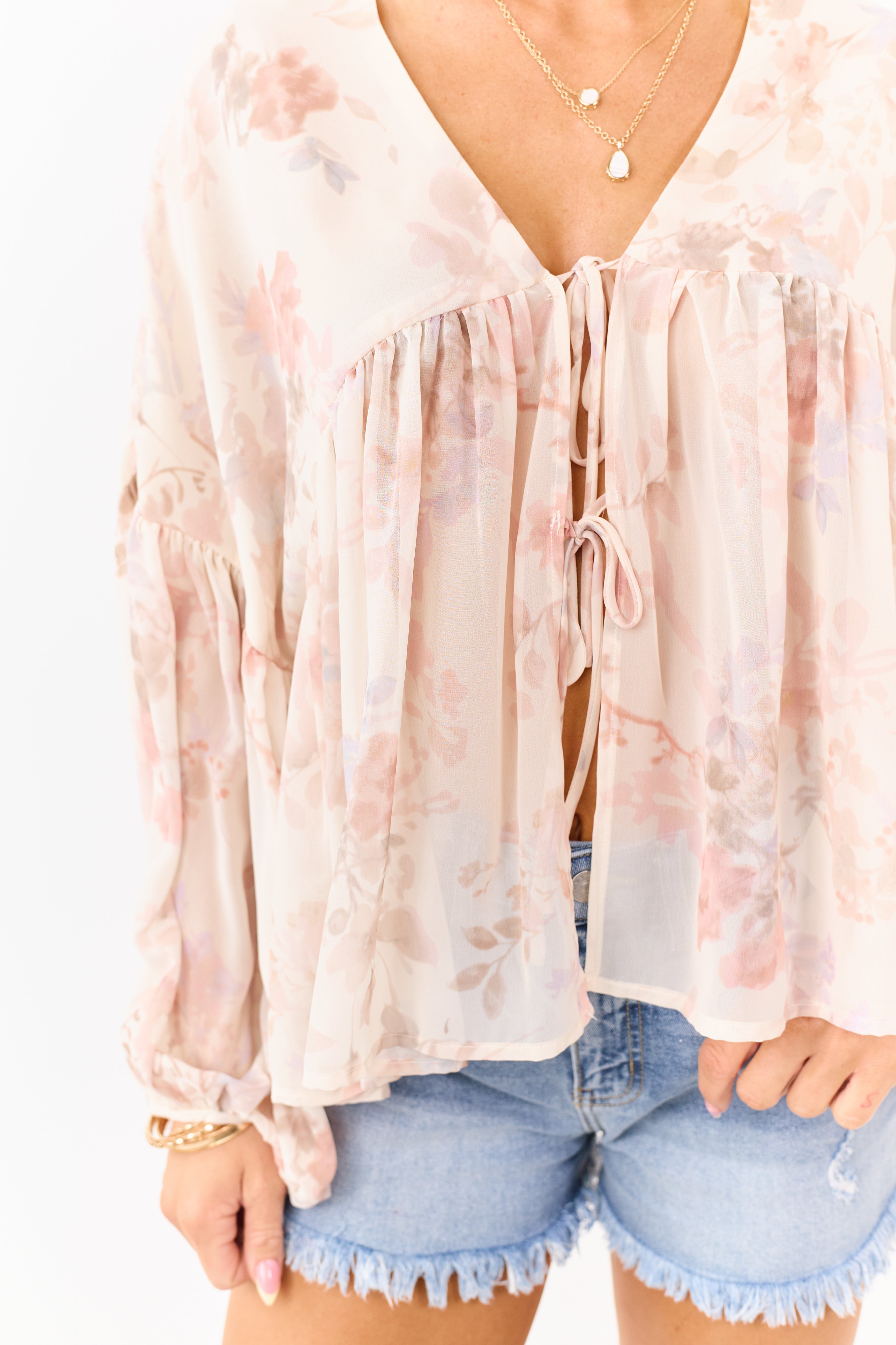 Champagne Floral Print Front Tie Flowy Chiffon Top