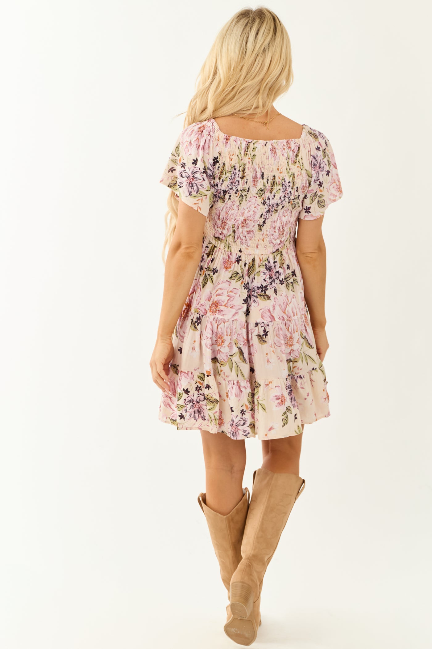 Champagne Floral Print Smocked V Neck Mini Dress
