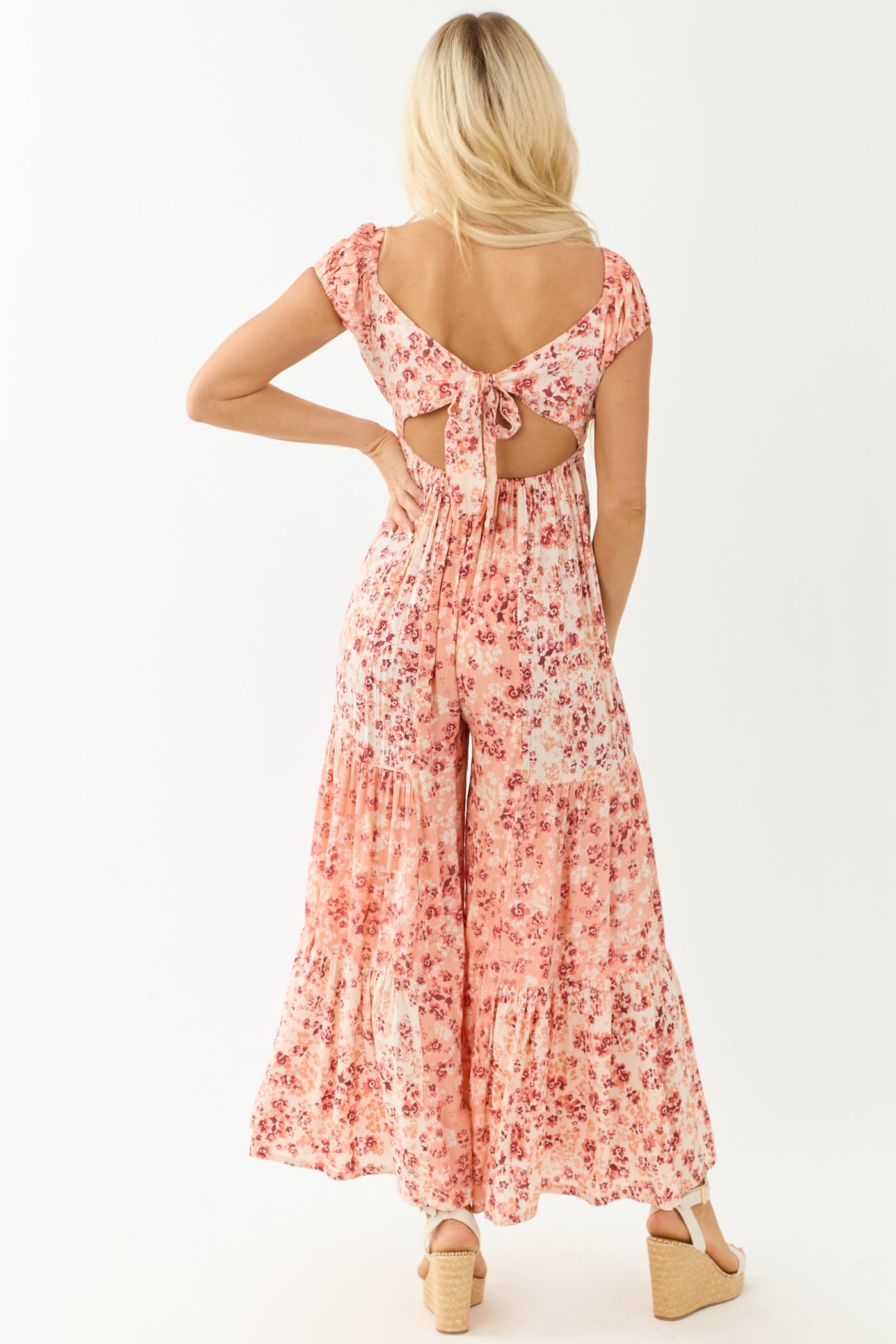 Champagne Floral Print Tiered Open Back Jumpsuit