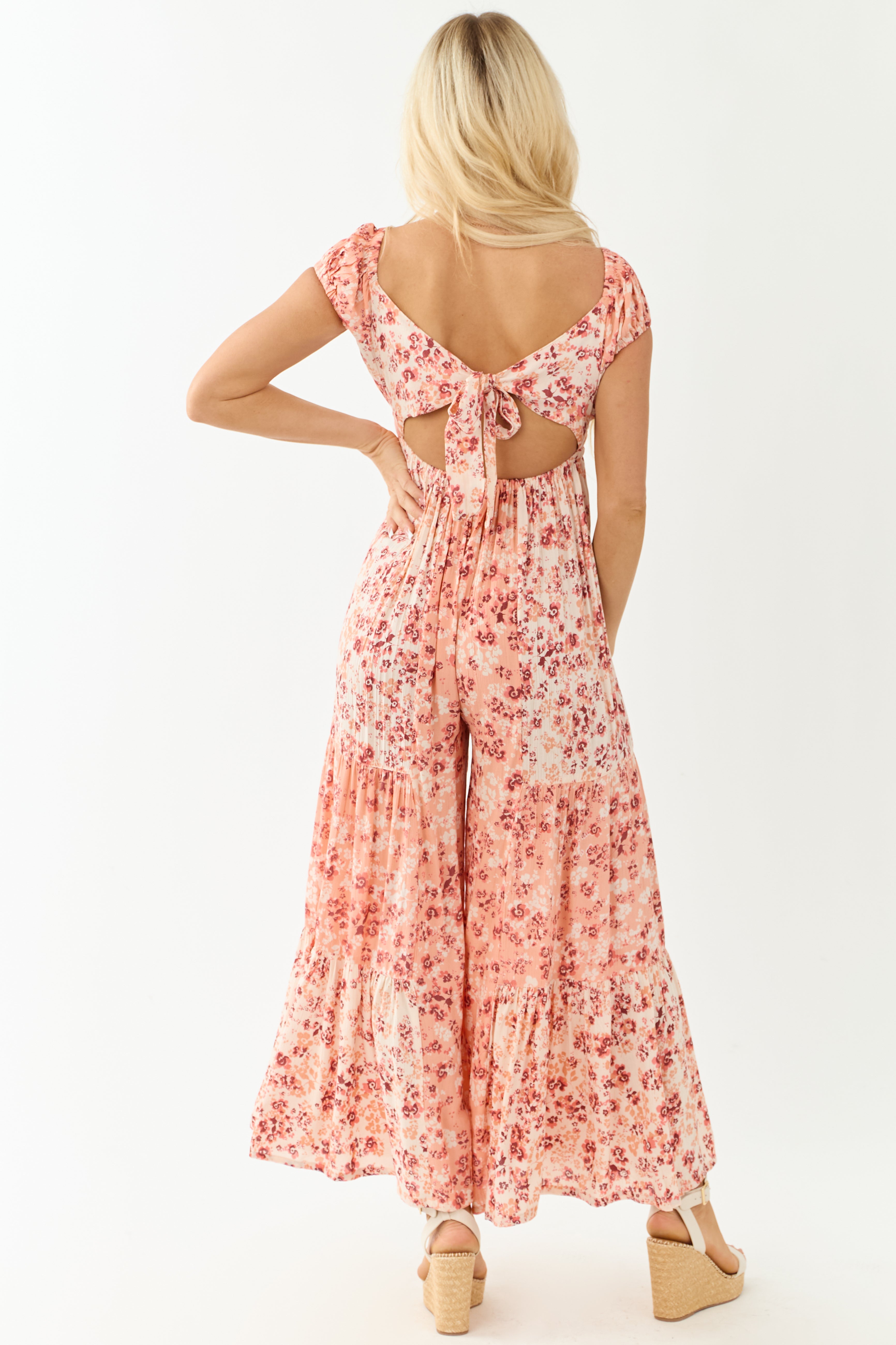 Champagne Floral Print Tiered Open Back Jumpsuit