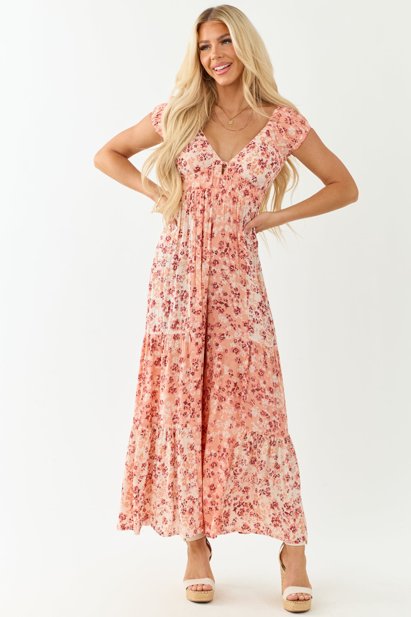 Champagne Floral Print Tiered Open Back Jumpsuit