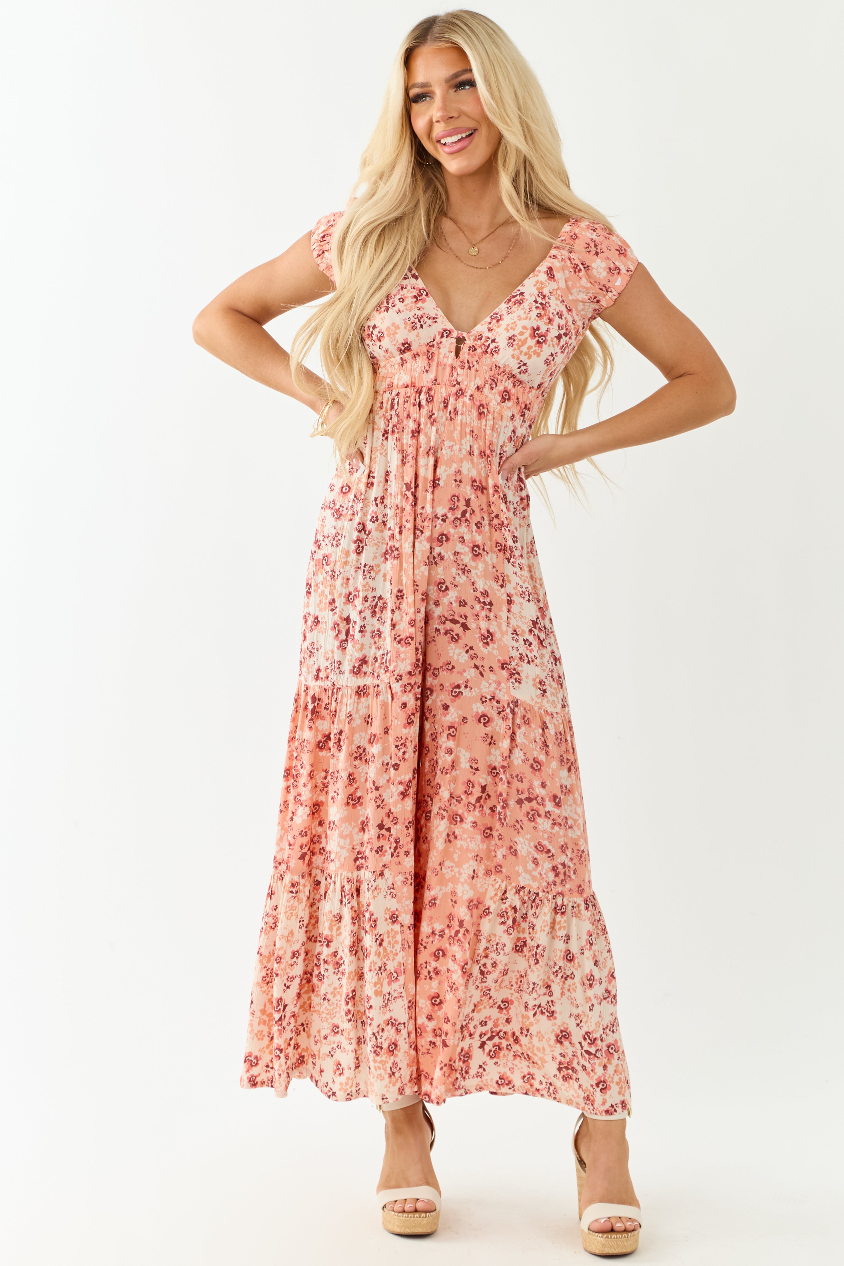 Champagne Floral Print Tiered Open Back Jumpsuit