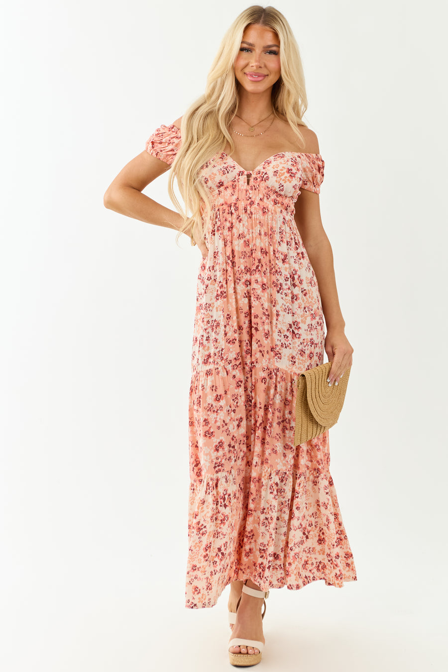 Champagne Floral Print Tiered Open Back Jumpsuit
