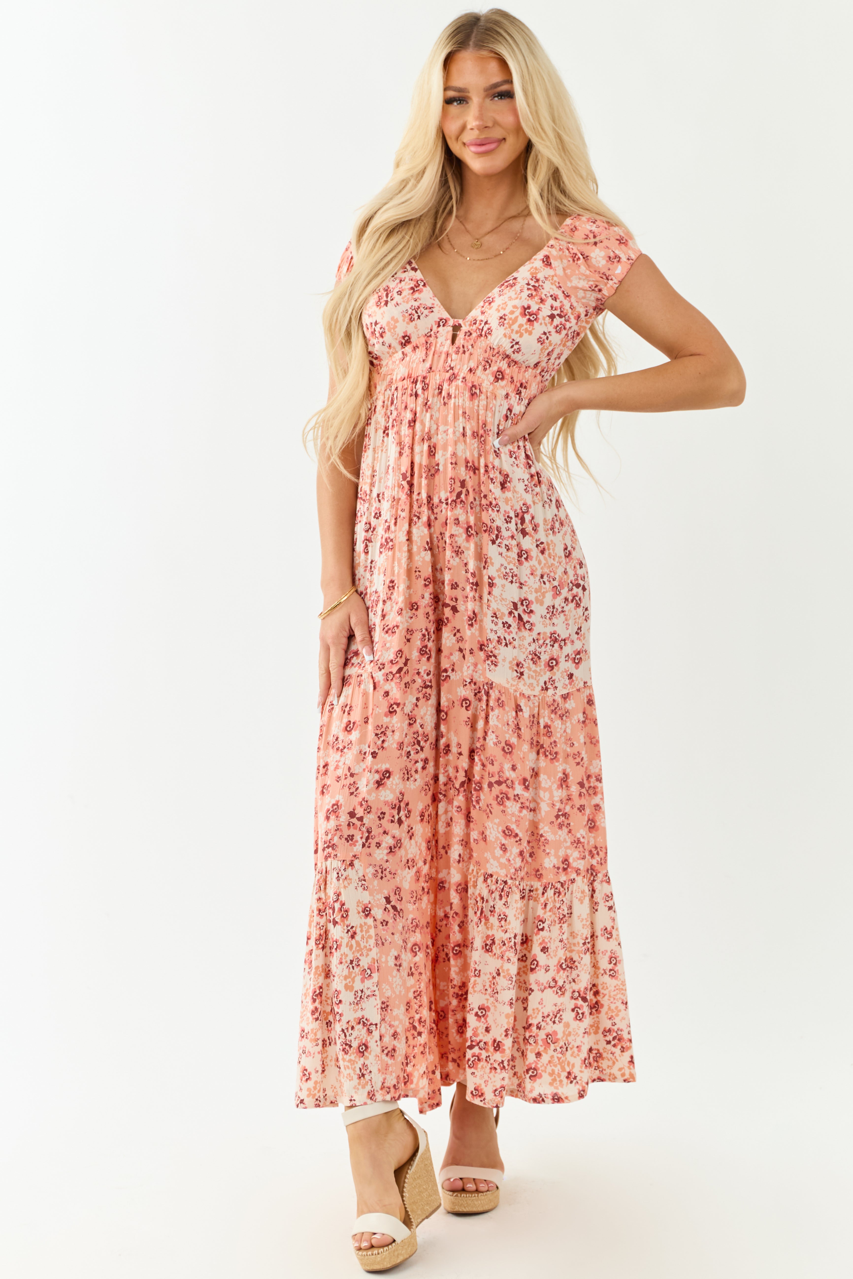 Champagne Floral Print Tiered Open Back Jumpsuit