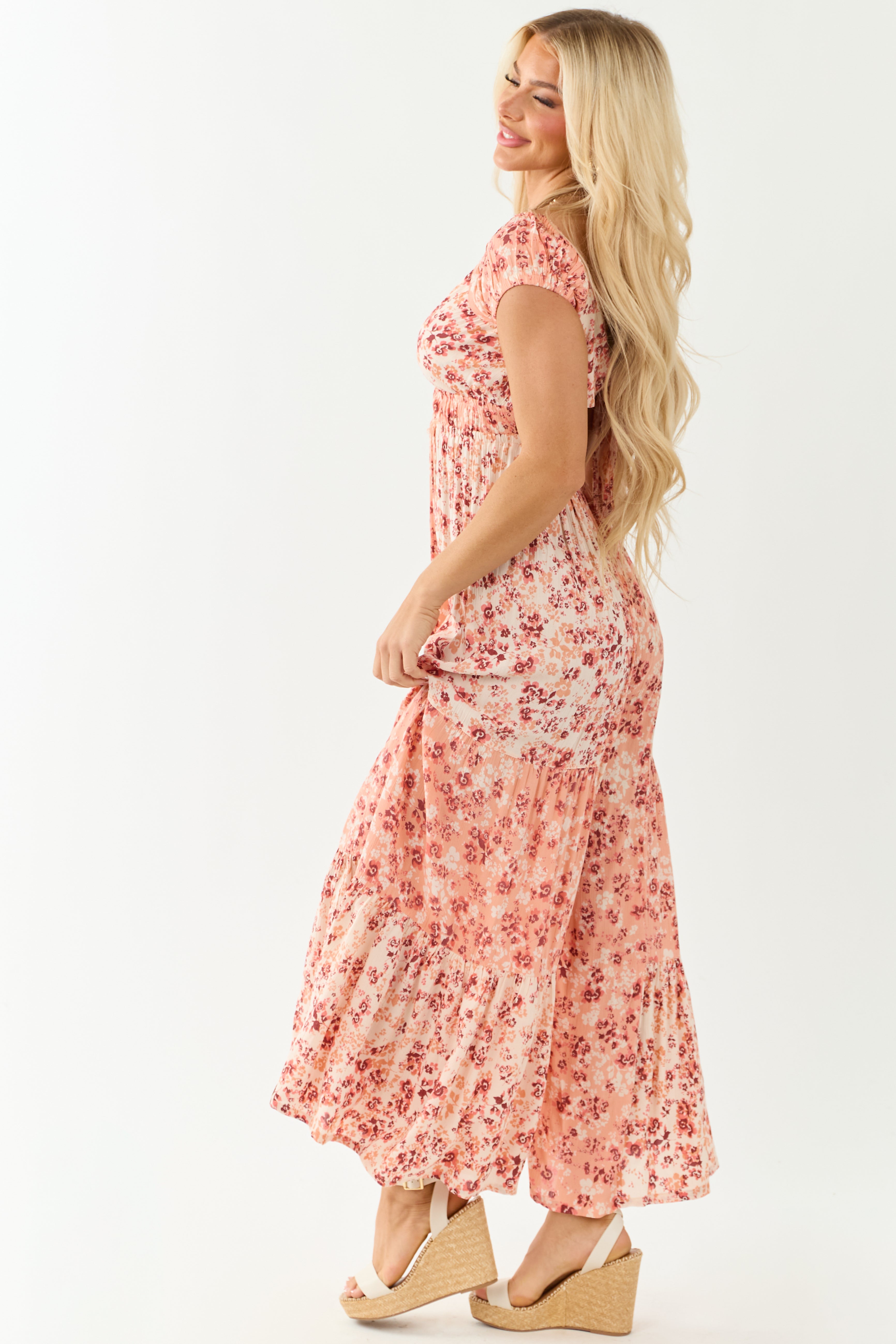Champagne Floral Print Tiered Open Back Jumpsuit