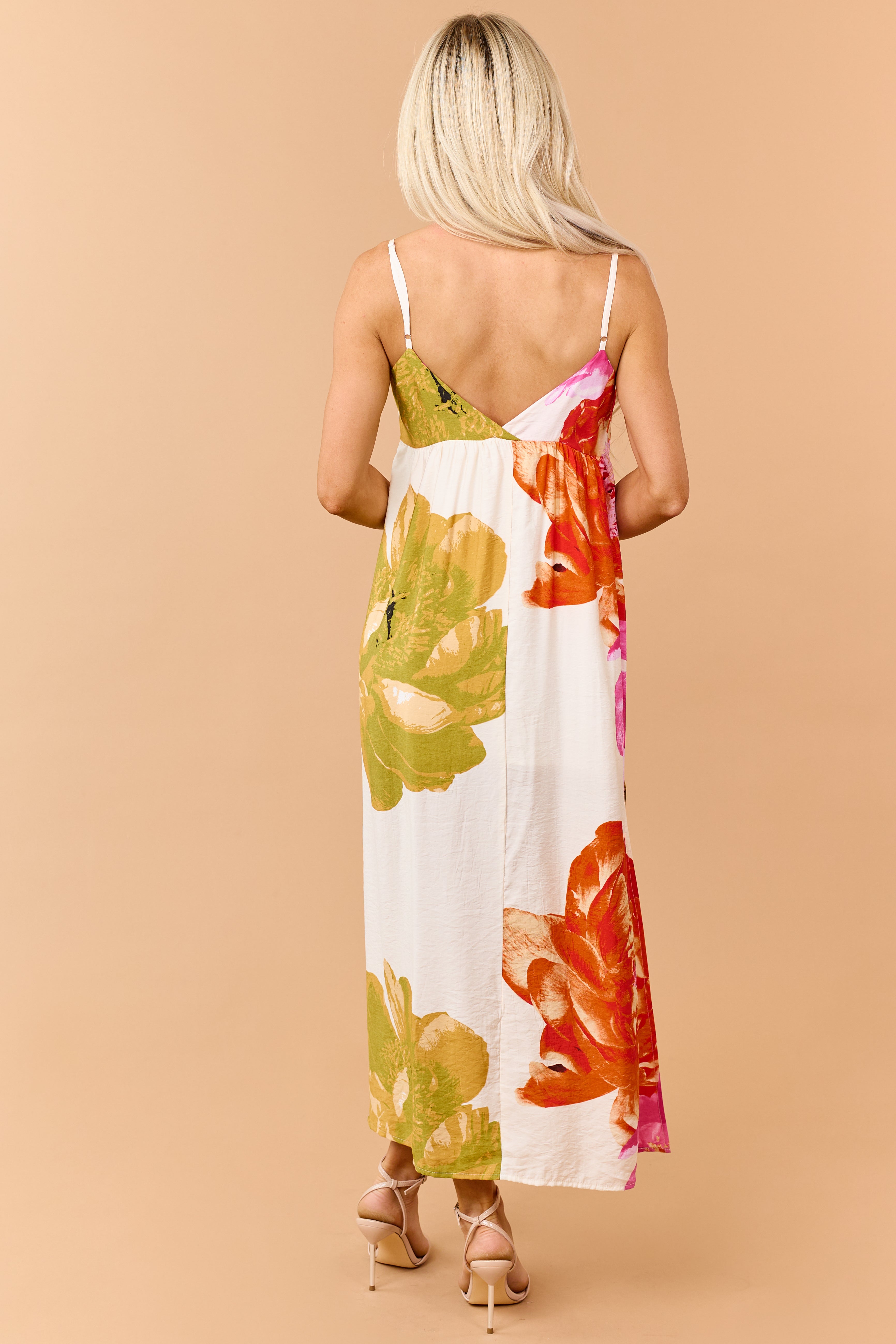 Champagne Floral Print V-Neck Sleeveless Maxi Dress