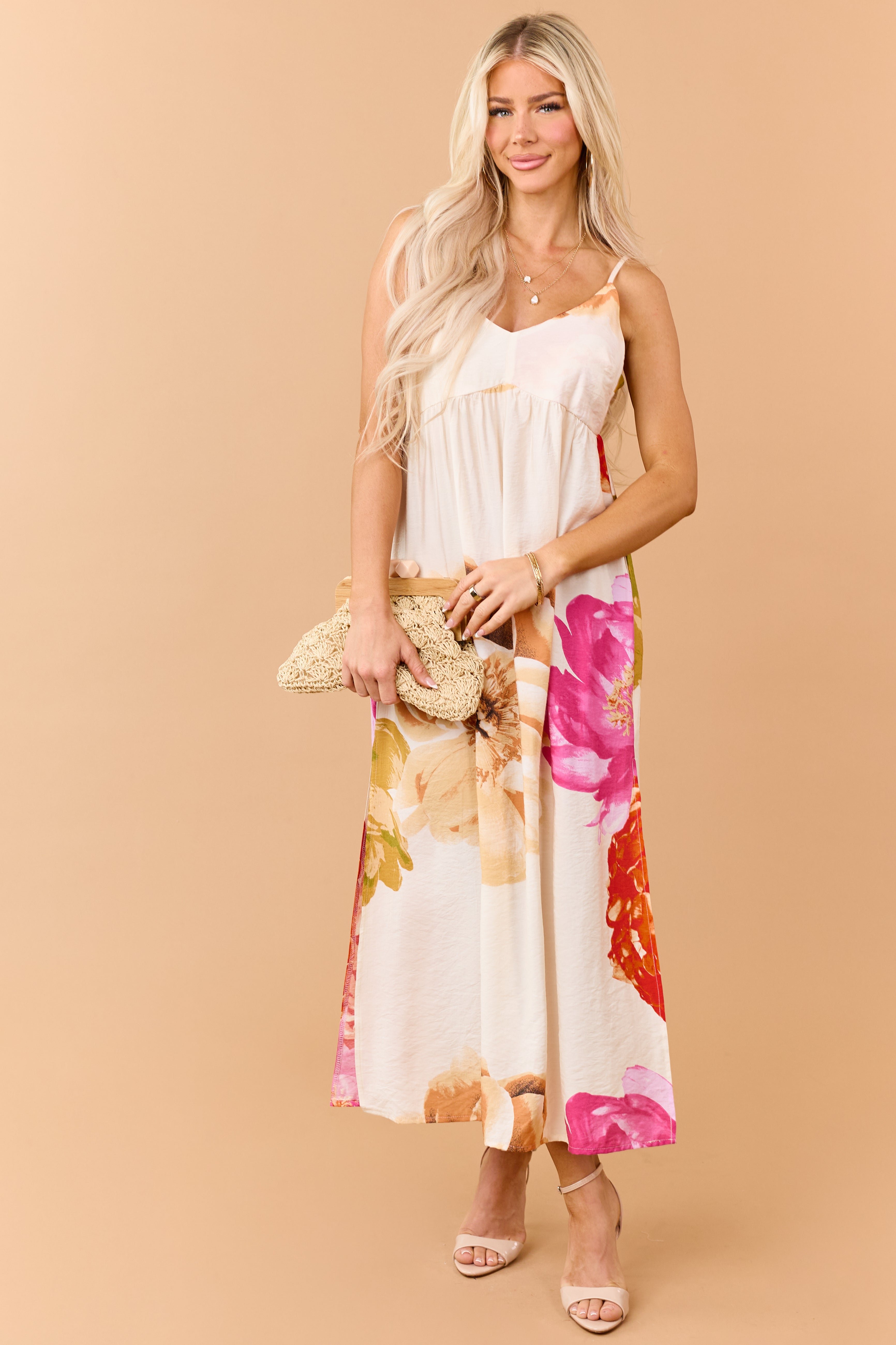 Champagne Floral Print V-Neck Sleeveless Maxi Dress