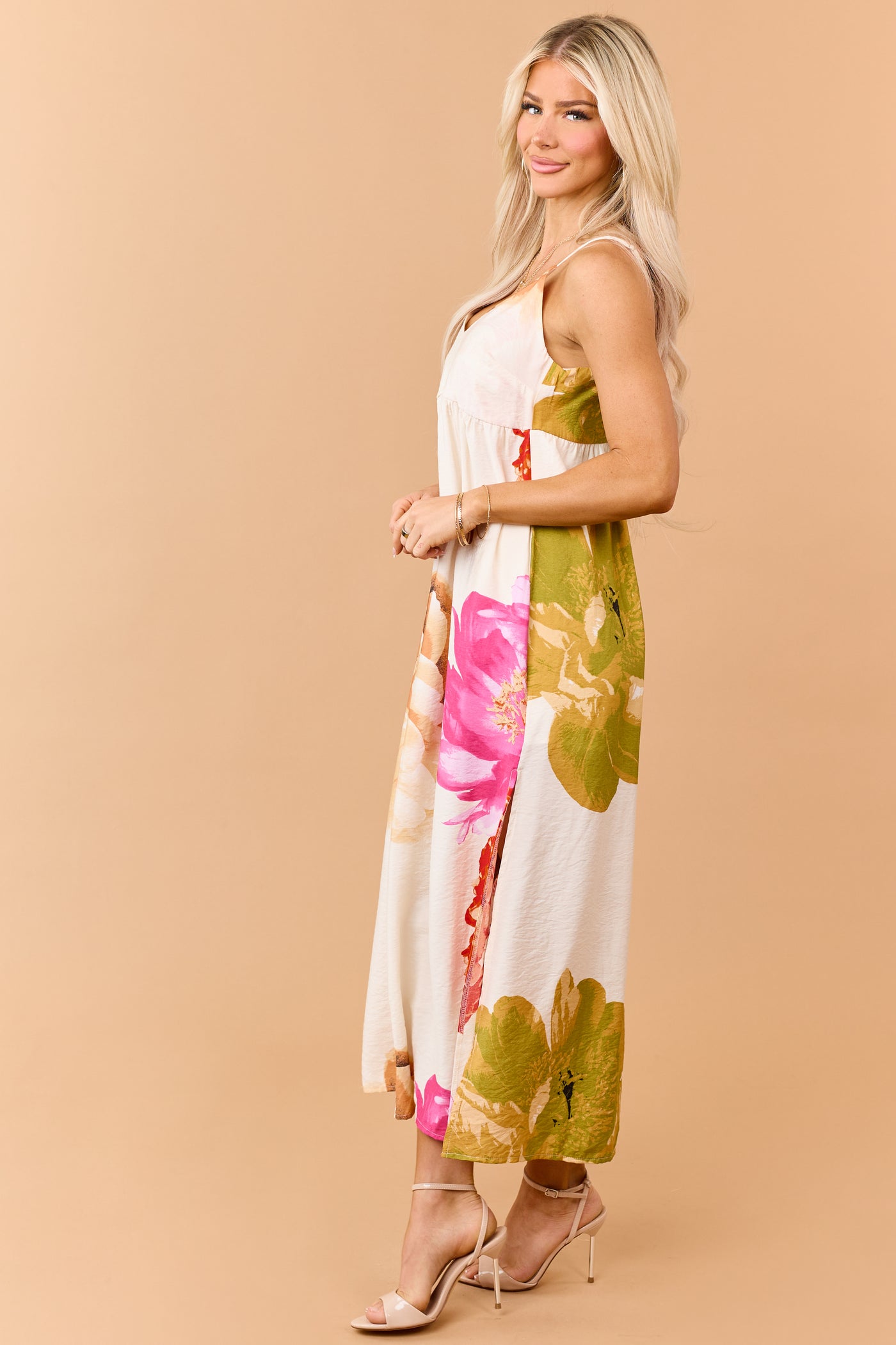 Champagne Floral Print V-Neck Sleeveless Maxi Dress