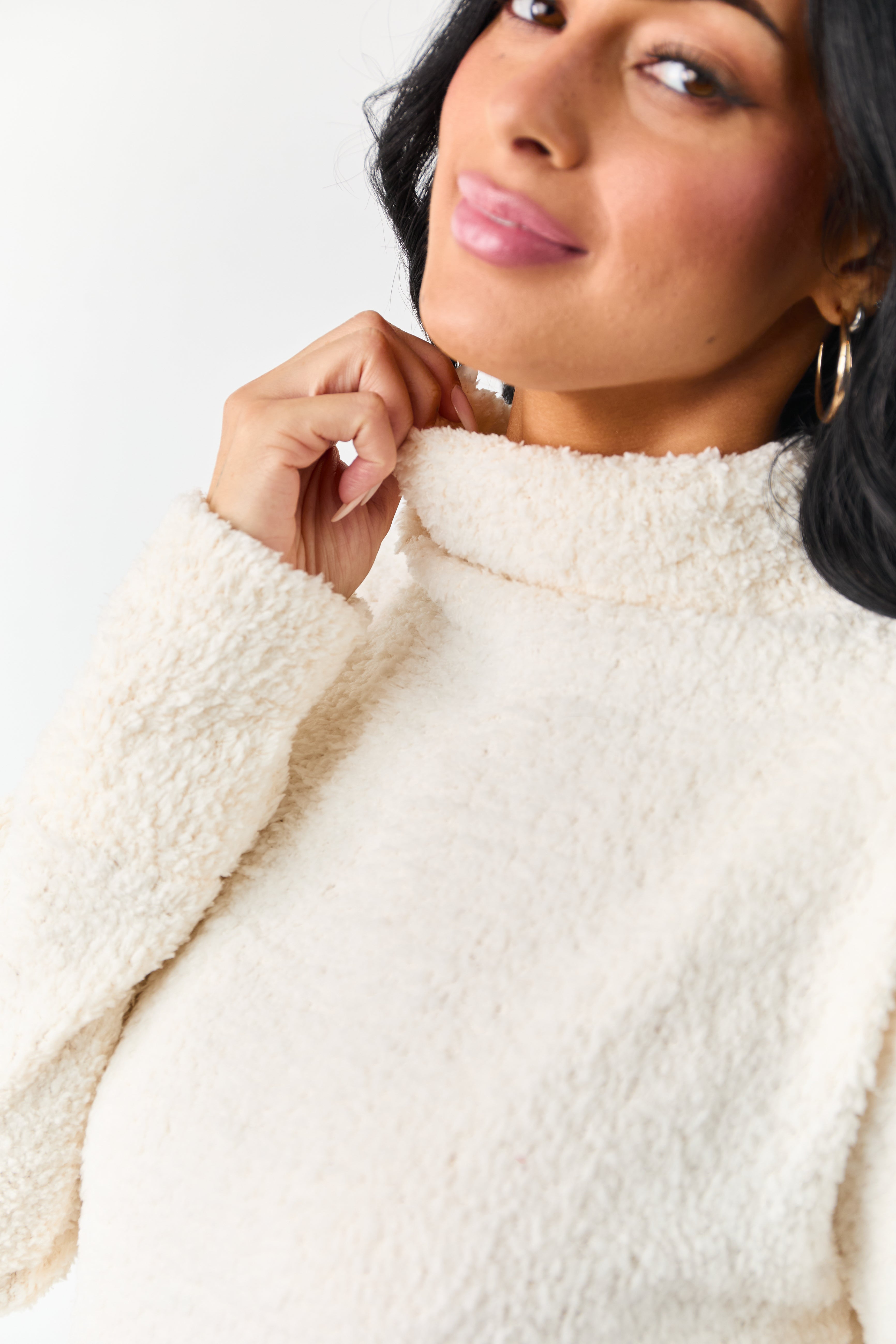 Champagne Fuzzy Soft Knit Mock Neck Sweater