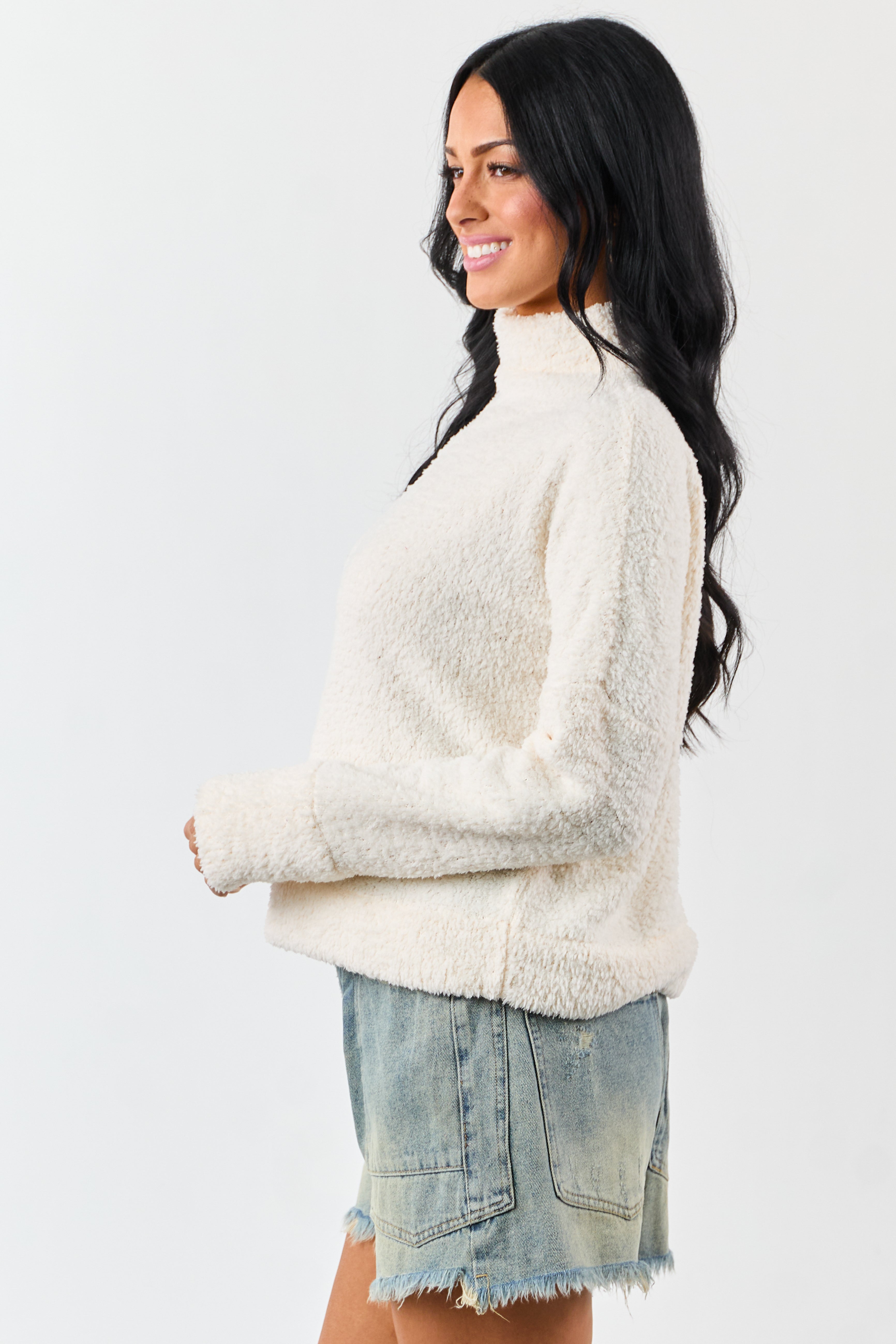 Champagne Fuzzy Soft Knit Mock Neck Sweater