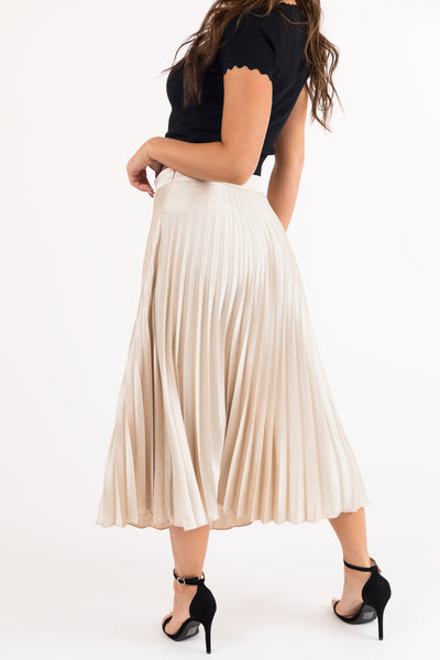 Champagne High Waisted Pleated Satin Midi Skirt