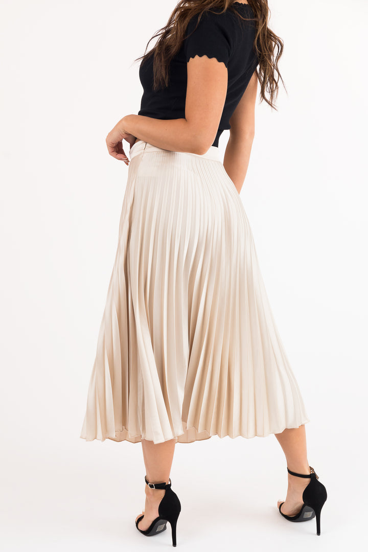 Champagne High Waisted Pleated Satin Midi Skirt