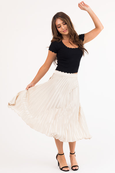 Champagne High Waisted Pleated Satin Midi Skirt