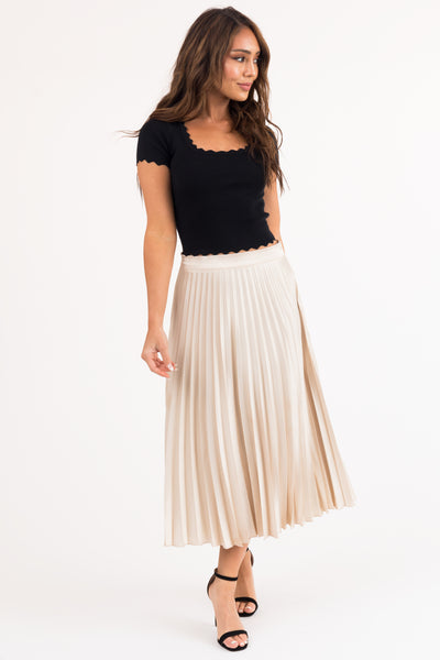 Champagne High Waisted Pleated Satin Midi Skirt