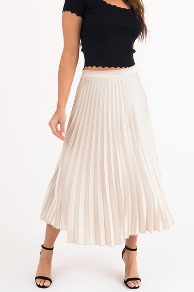 Champagne High Waisted Pleated Satin Midi Skirt
