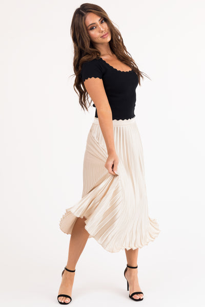 Champagne High Waisted Pleated Satin Midi Skirt