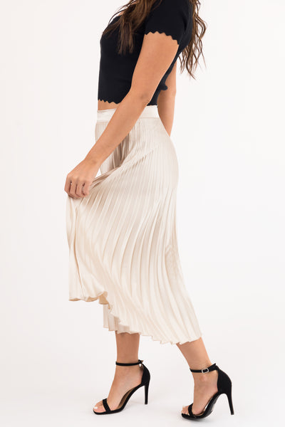 Champagne High Waisted Pleated Satin Midi Skirt