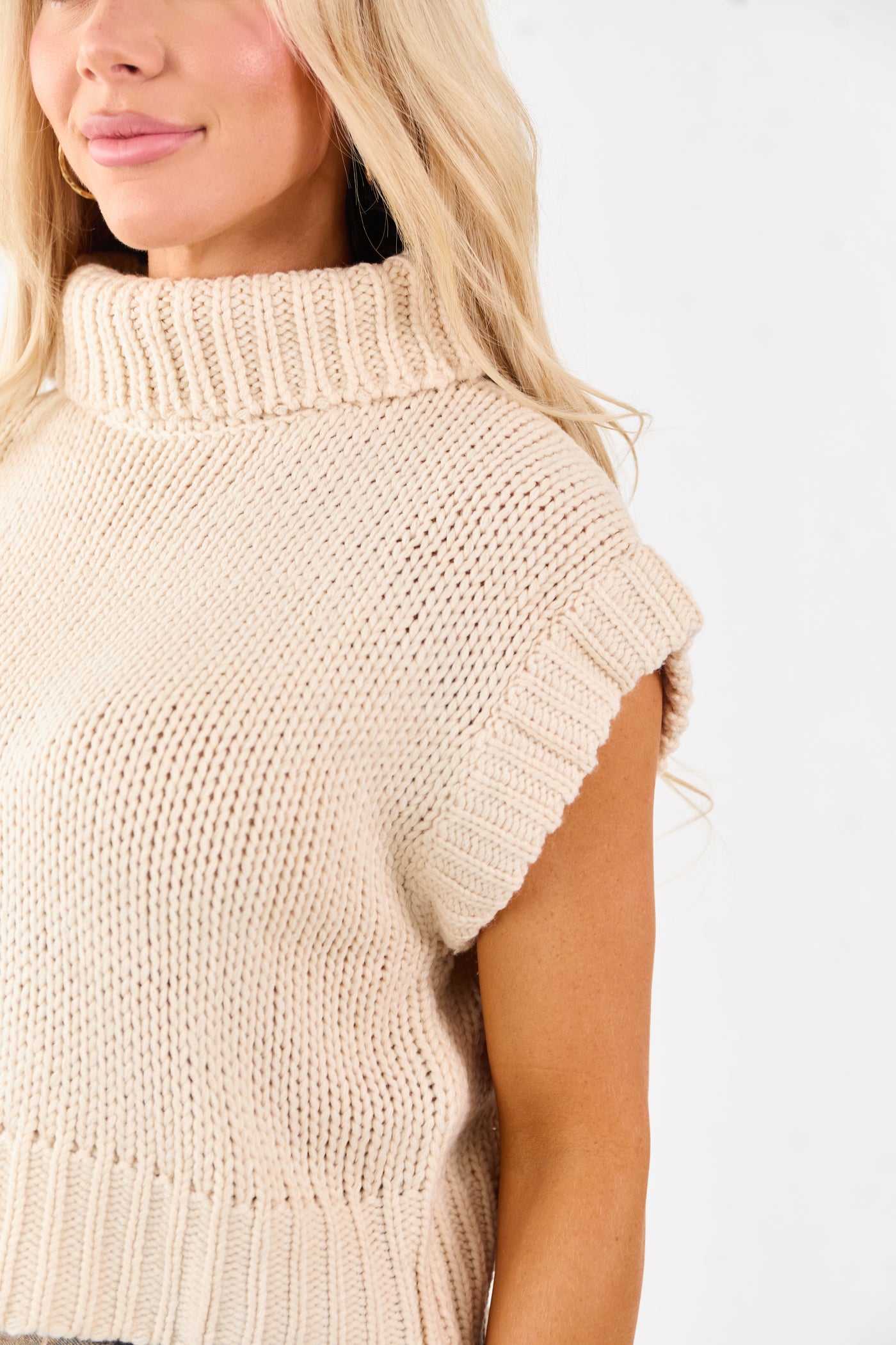 Champagne Knit Turtleneck Cap Sleeve Sweater Top