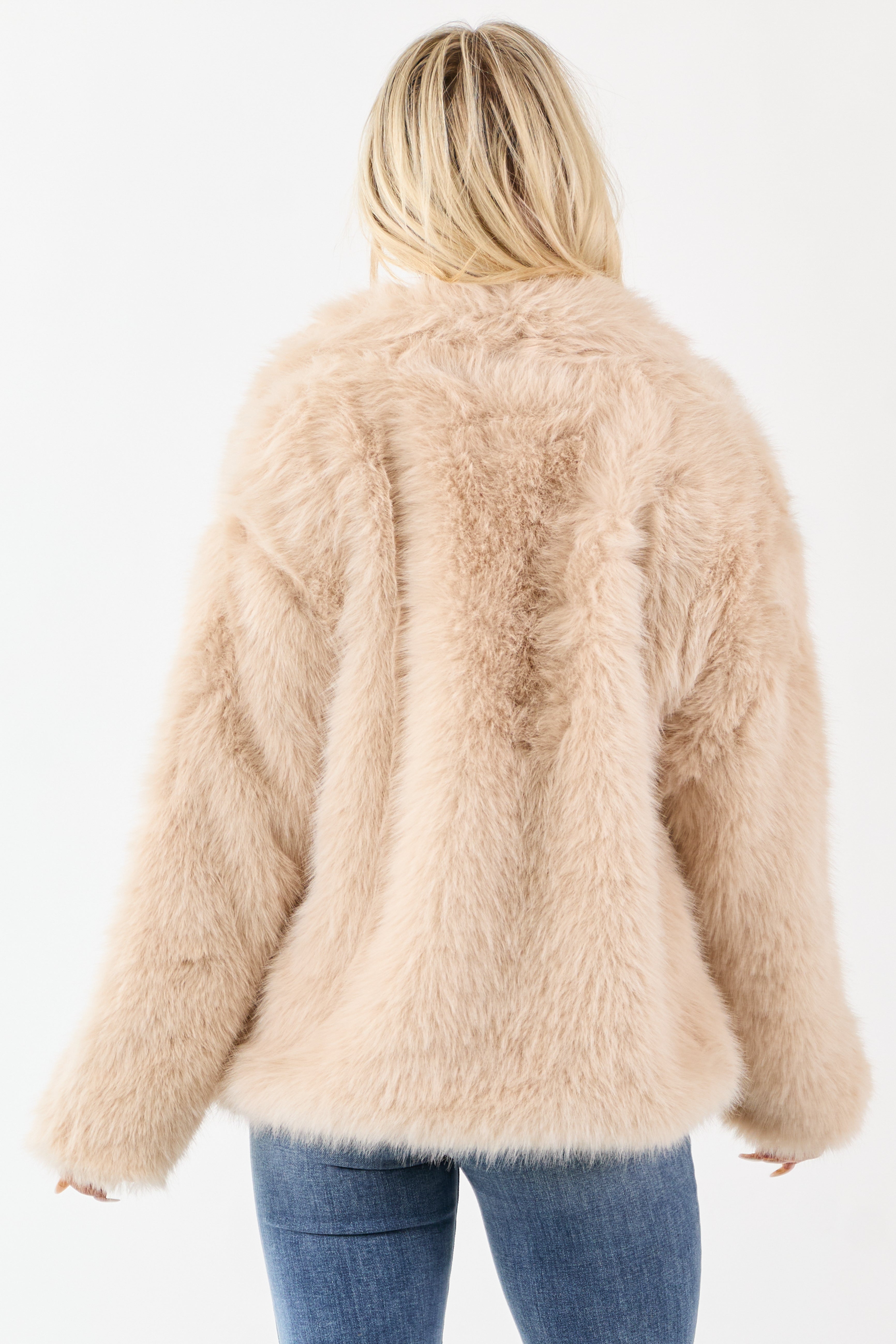 Champagne Lapel Collar Button Up Faux Fur Coat